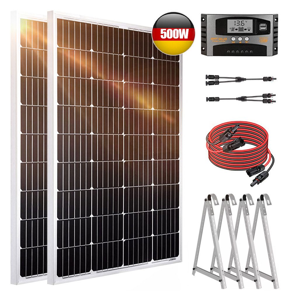 Rhein Beleuchtung Solarmodul 500W 12V Solaranlage Komplettset mit Solarpanel - Monokristallin, 500 W, Monokristalli, (Set, 1-St., Solarmodule für Garten/Haus/Camping - Einfache Montage), Solarmodule für Garten/Haus/Camping - Einfache Montage