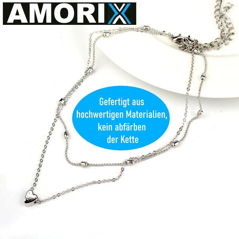 Anhänger 2er Damen Valentinstag Herz Herzkette Doppelkette Statement Halskette kurz AMORIX Set, MAVURA Kette Blogger Kette Doppel mit silber