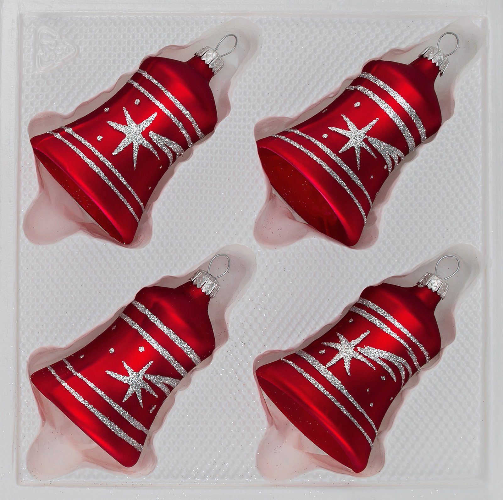 Navidacio Christbaumschmuck 4 tlg. Glas-Glocken Set in Classic Rot Silber Komet