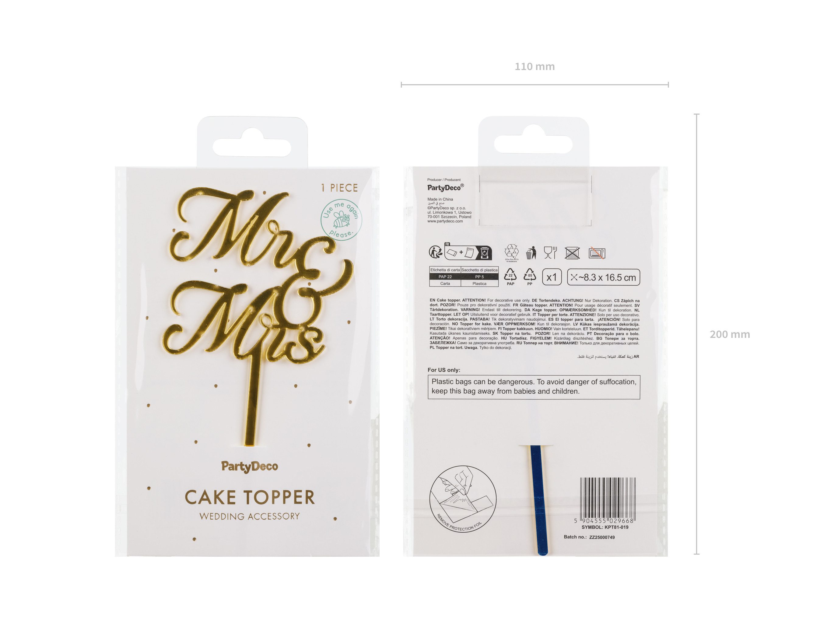 partydeco Tortenstecker, Cake Topper Mr & Mrs Hochzeit 16,5x8,3cm Gold