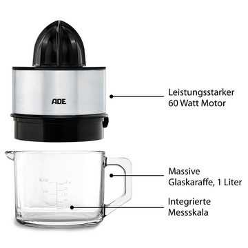 ADE Zitruspresse Entsafter Zitronenpresse Orangenpresse Saftpresse mit 1 l Glaskaraffe, 60 W, 2 Laufrichtungen, Tropf-Stop, 2 Presskegel (groß und klein)