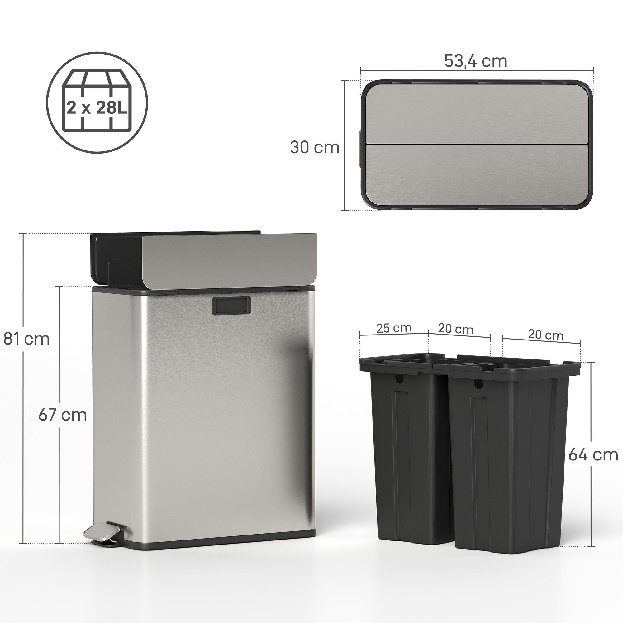 HOMCOM Mülltrennsystem Fingerabdruckresistent, Schmetterlingsdeckel, 2 Fächer je 28L, Soft-Close, Edelstahl, herausnehmbar