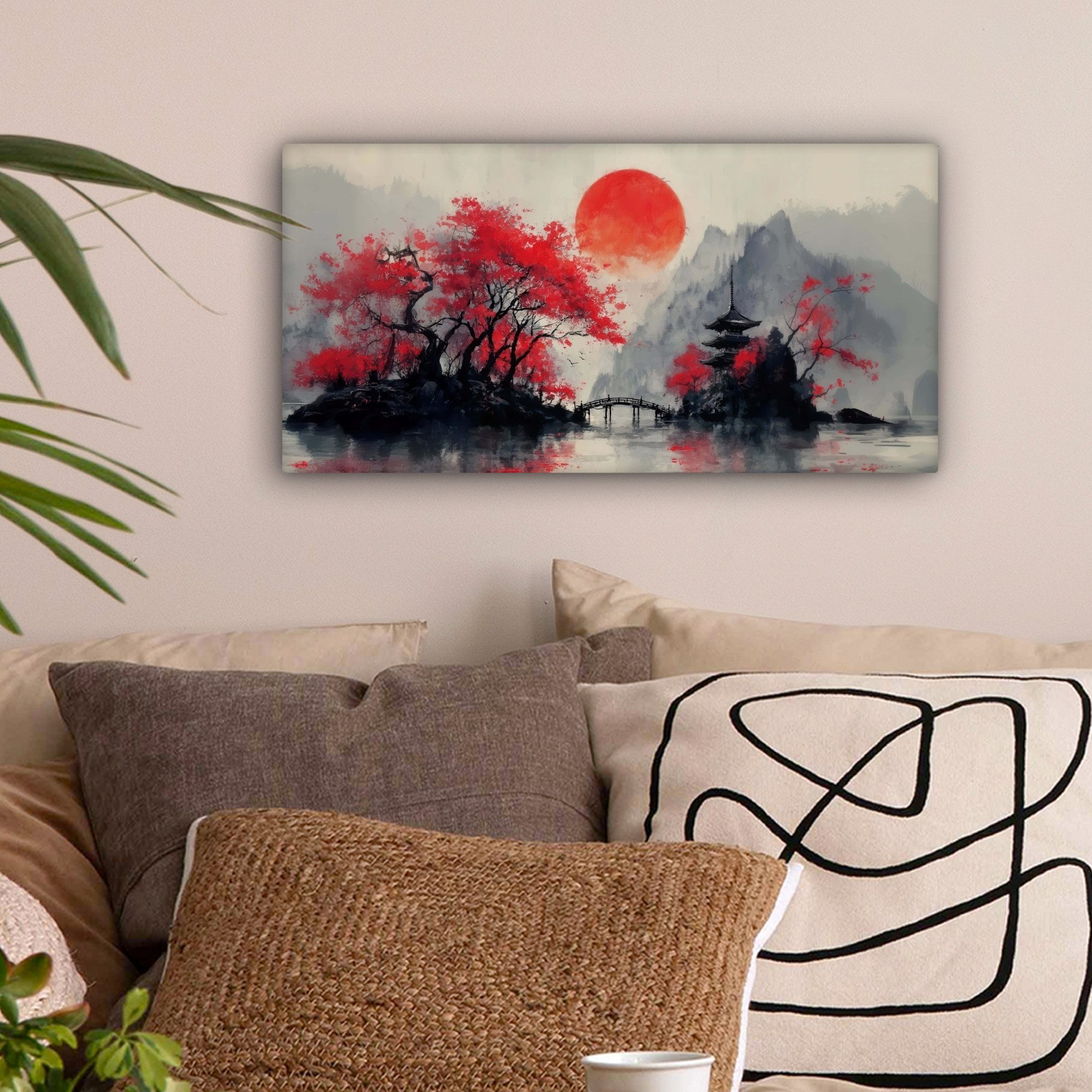 OneMillionCanvasses® Leinwandbild Panorama Rote Sonne - Fluss - Brücke - Bä günstig online kaufen
