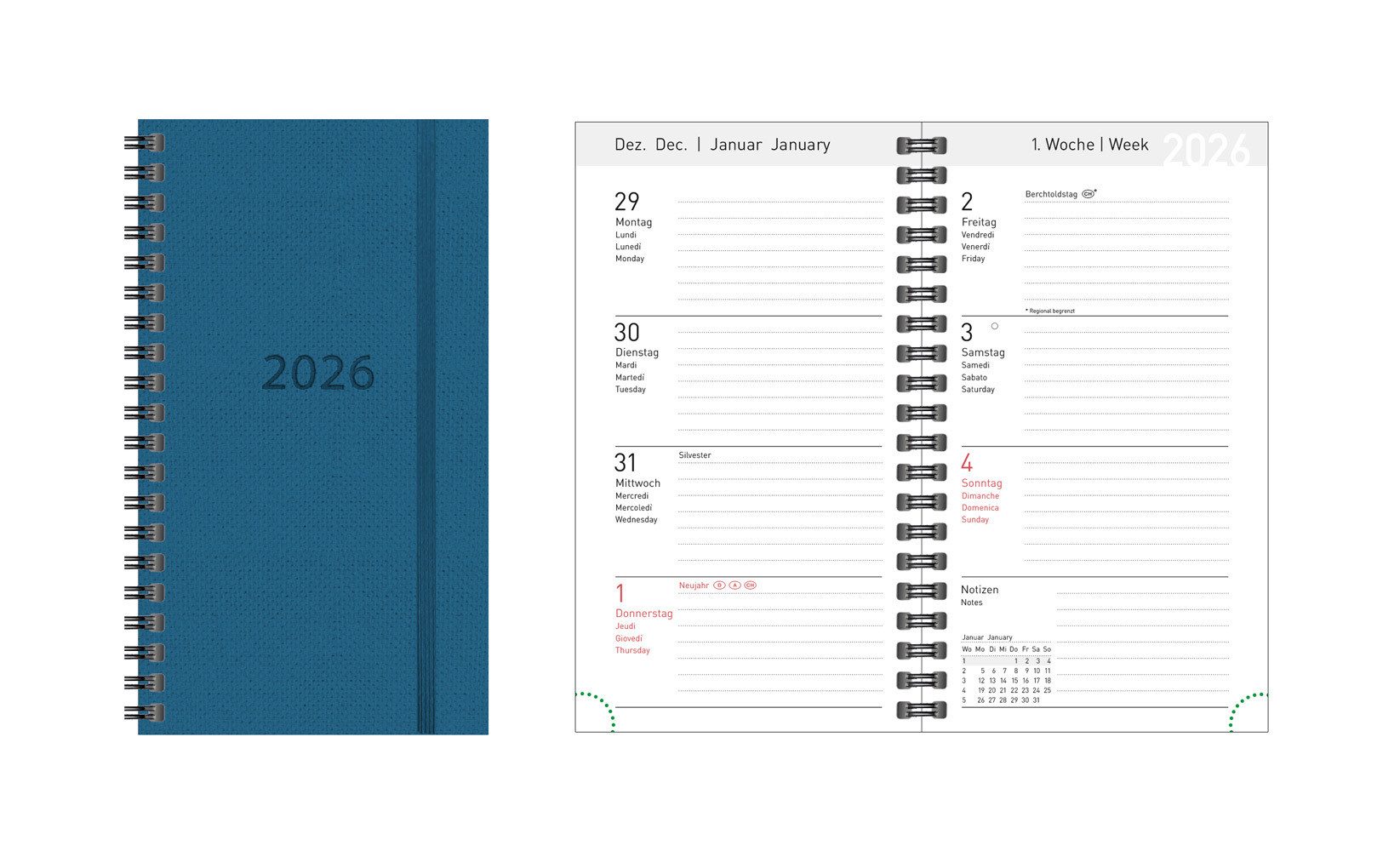 Idena Taschenkalender Idena Spiral Timer 2026 Leinen blau 8,7x15,3cm