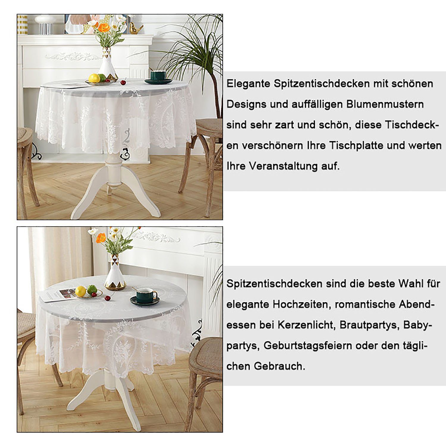 Runde (1-tlg) mit MAGICSHE Tischdecke Tischdecke Weiß-3 Wellenschliff Spitzen Vintage