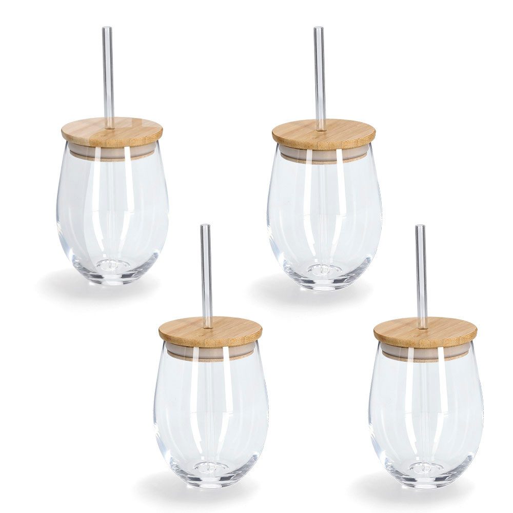 Zeller Present Gläser-Set, Bambus, Glas, Silikon, 4-teilig, inkl. Trinkhalm, 500 ml