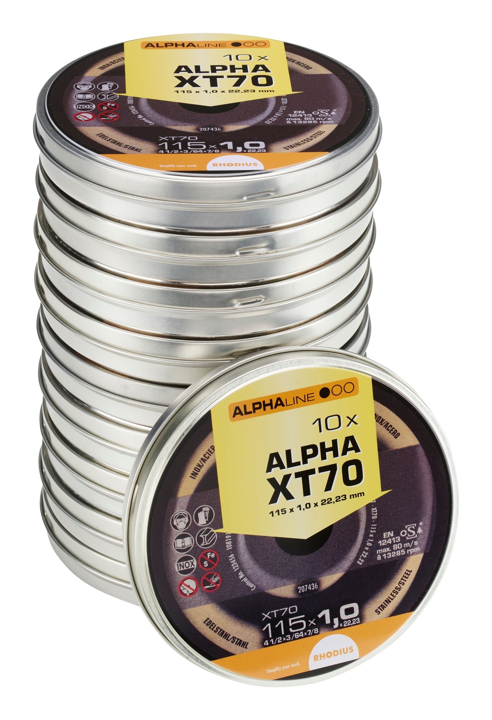 Rhodius Trennscheibe ALPHAline XTS, Ø 115 mm, (10 Stück), ALPHAline XT70 BOX Extradünne - 115 x 1 x 22,23 mm - in der Dose