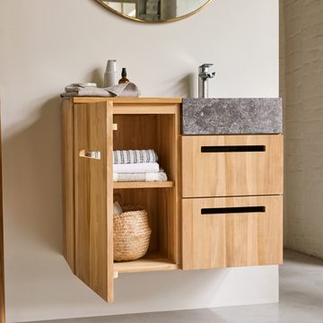 Tikamoon Waschtisch Line Badezimmermöbel aus massivem Teakholz und Marmor 85 cm