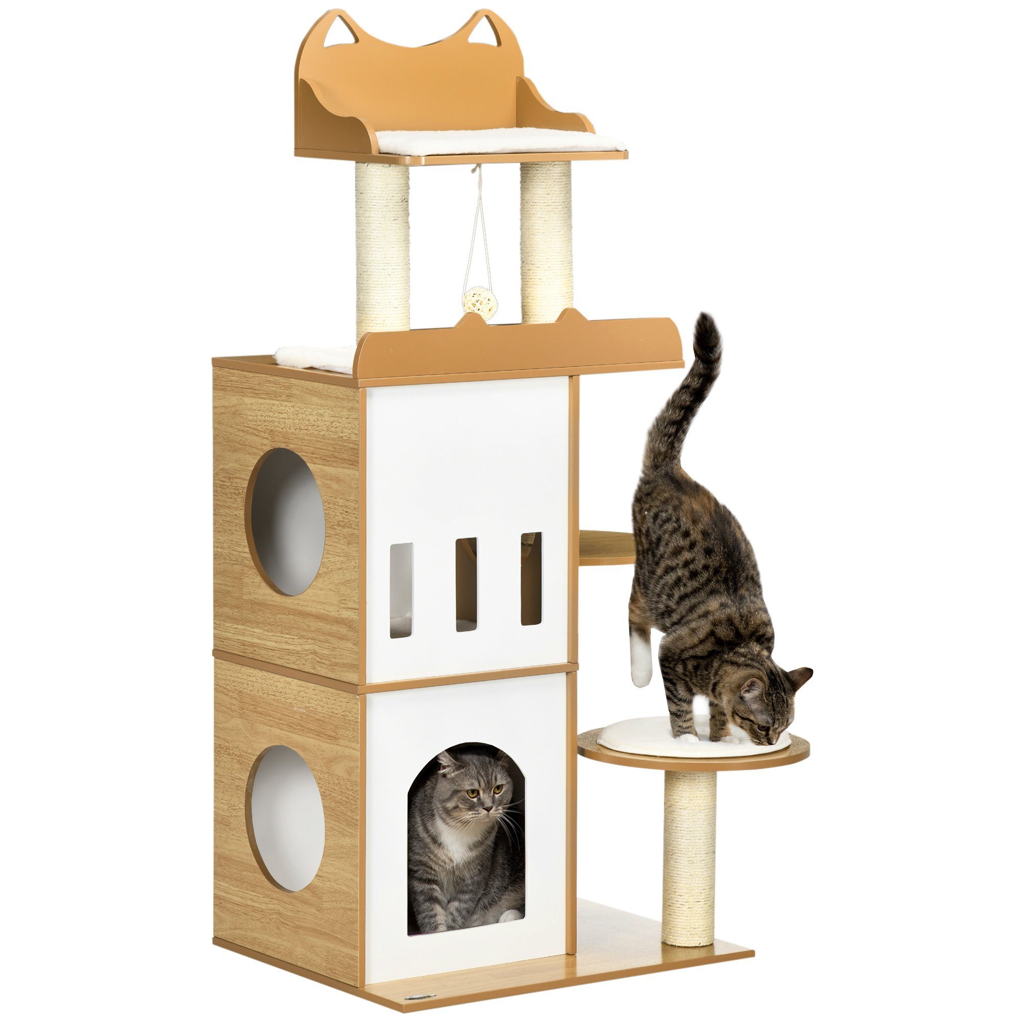 Kratzbaum Kletterbaum, Moderner Katzenbaum mit Kratzstämmen, Indoor, Eiche+Weiß