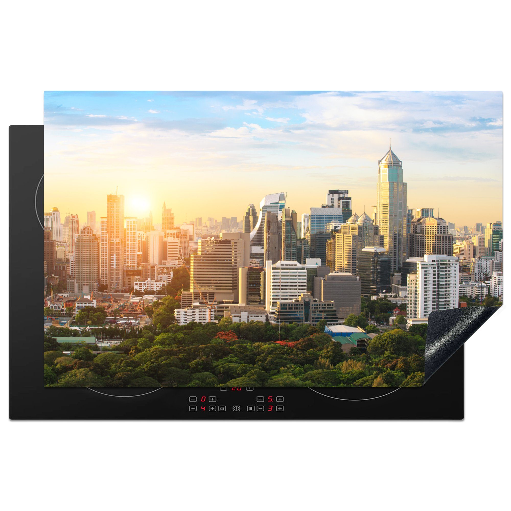 MuchoWow Herdblende-/Abdeckplatte Skyline Schutz - - cm, für tlg), küche, 81x52 die Thailand, Ceranfeldabdeckung (1 Bangkok Vinyl, Induktionskochfeld