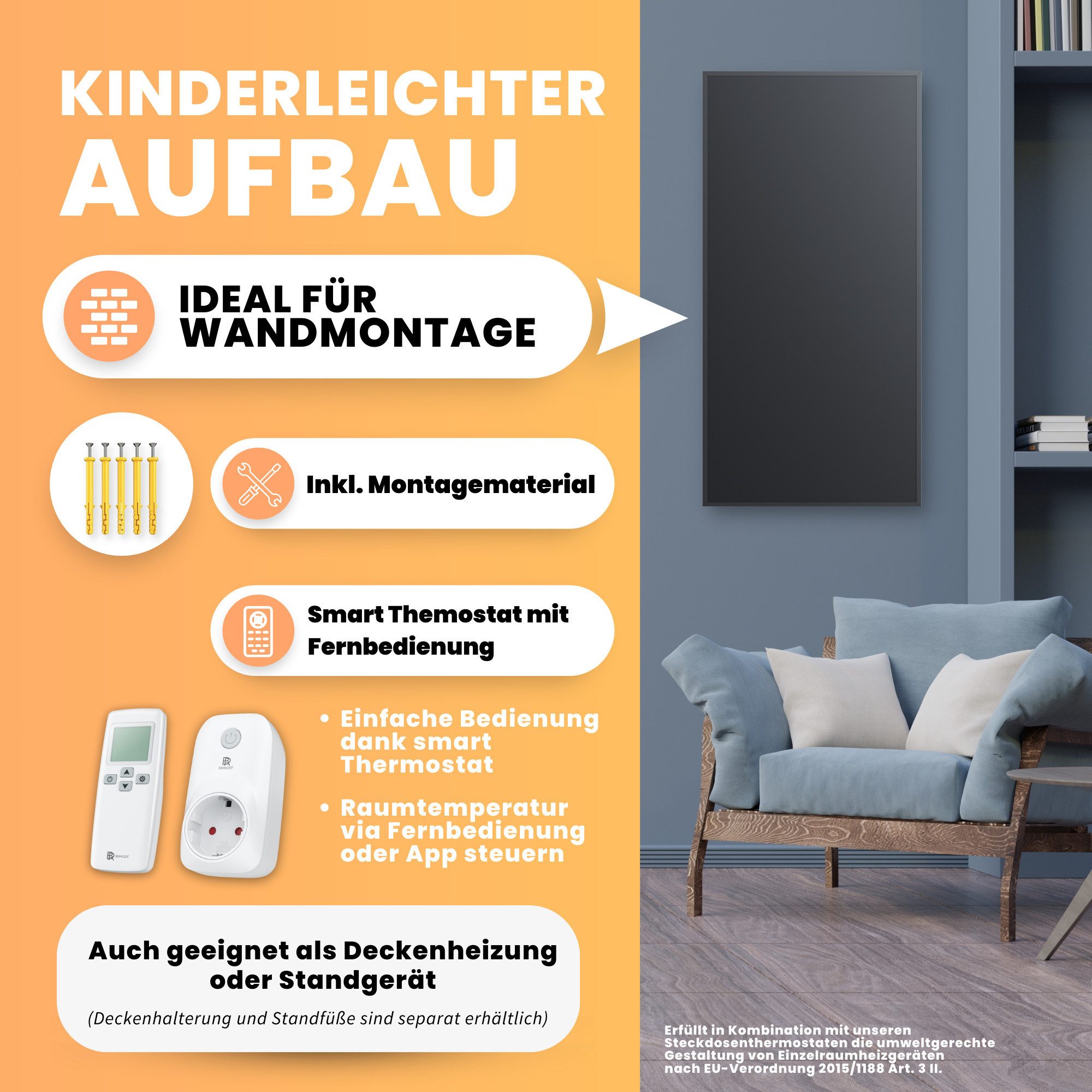 Bringer Infrarotheizung Wandheizung, 300-1200 Watt mit Thermostat Elektroheizung Schwarz – Bild 4 von 5