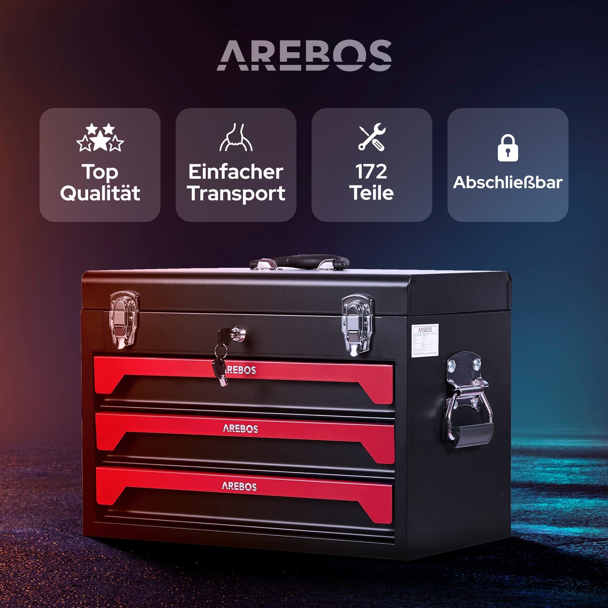 Arebos Werkzeugkoffer 172-tlg. mit Chrom-Vanadium Steckschlüsseln & Werkzeugset (Set, 108 St)