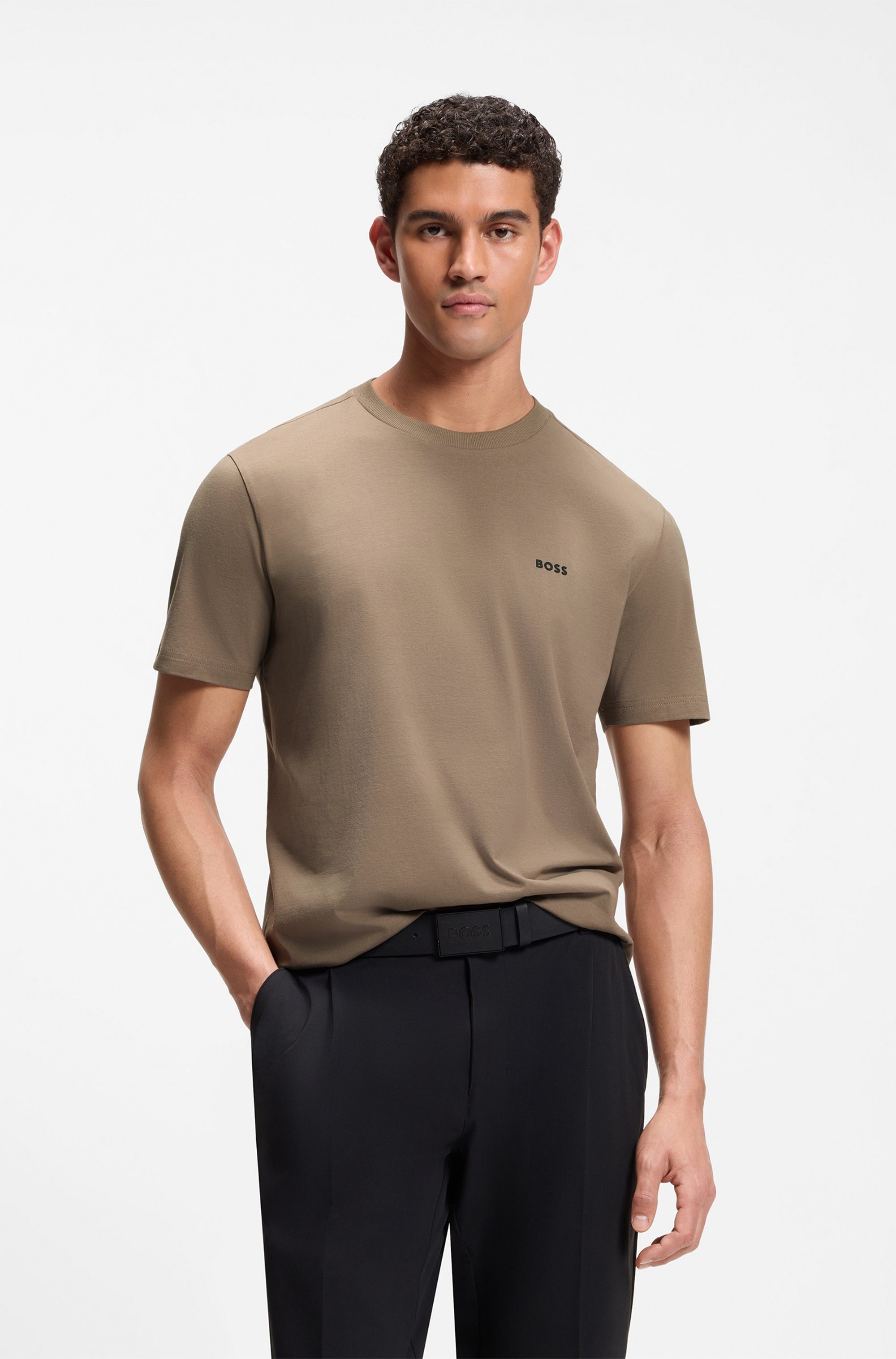 BOSS GREEN Rundhalsshirt Tee Regular Fit Stretch Jersey Cotton, Logo on Chest, Rundhals
