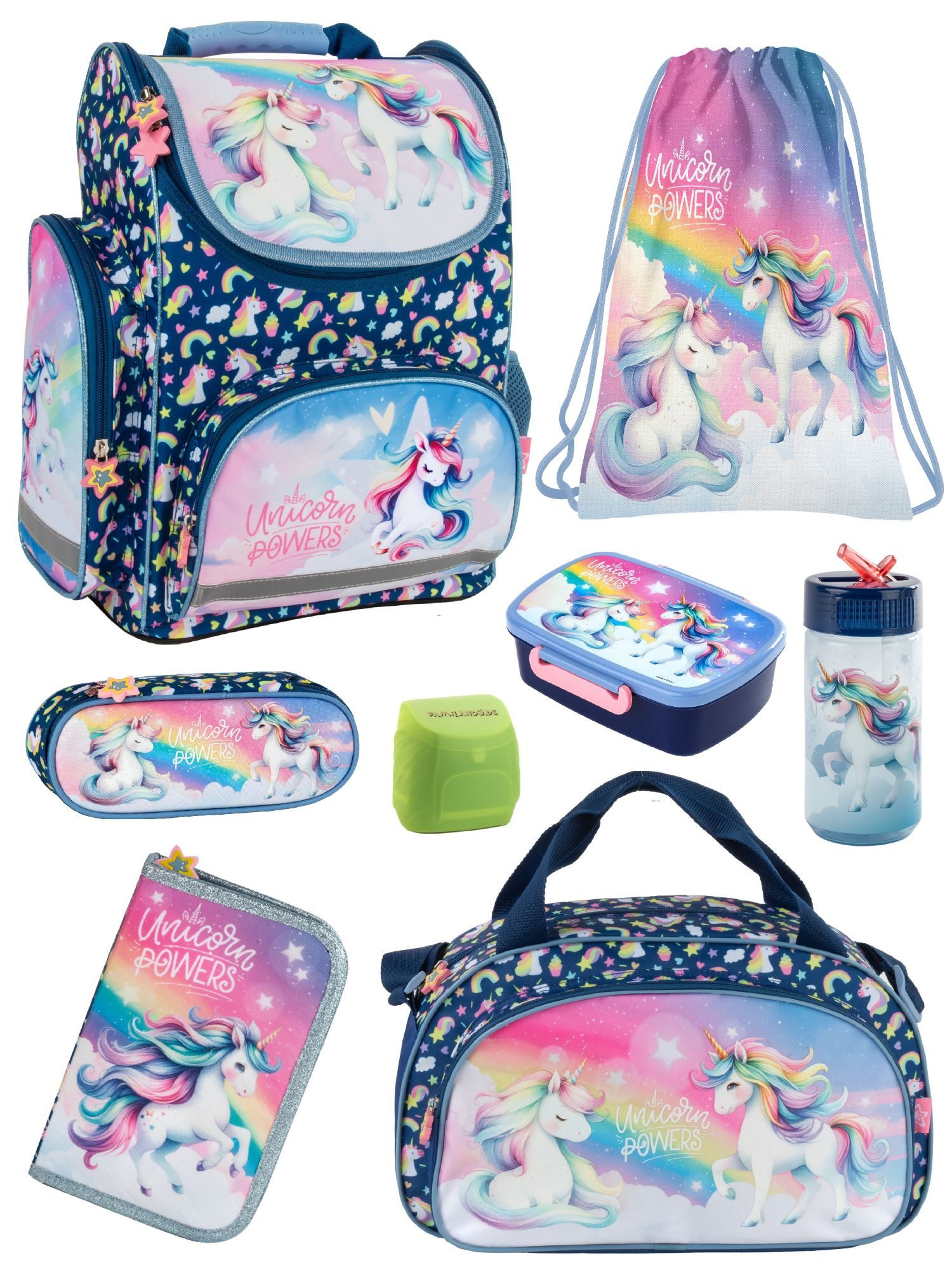 Familando Schulranzen Unicorn Einhorn Schultasche, blau, für Mädchen 1. bis 4. Klasse (Set, 8-tlg., inkl. Federmappe, Lunch-Set und Sporttasche), ergonomisch, 1.010 Gramm leicht, 18L Volumen