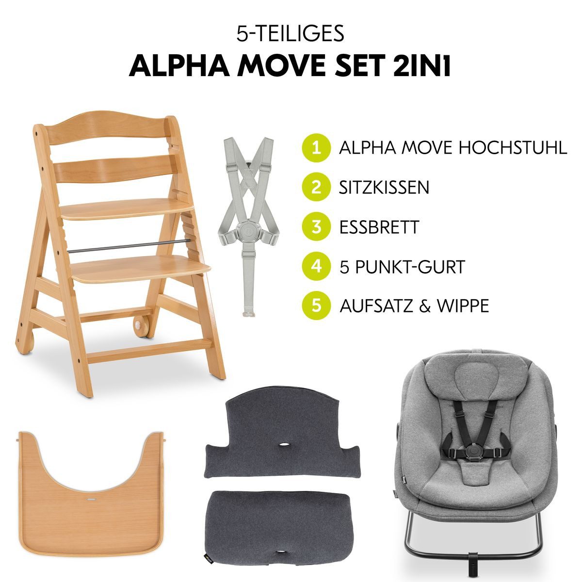 Hauck Hochstuhl Alpha Move Natur - Dark Grey Melange, Holz Babystuhl ab Geburt mit Neugeborenensufsatz, Sitzkissen, Essbrett