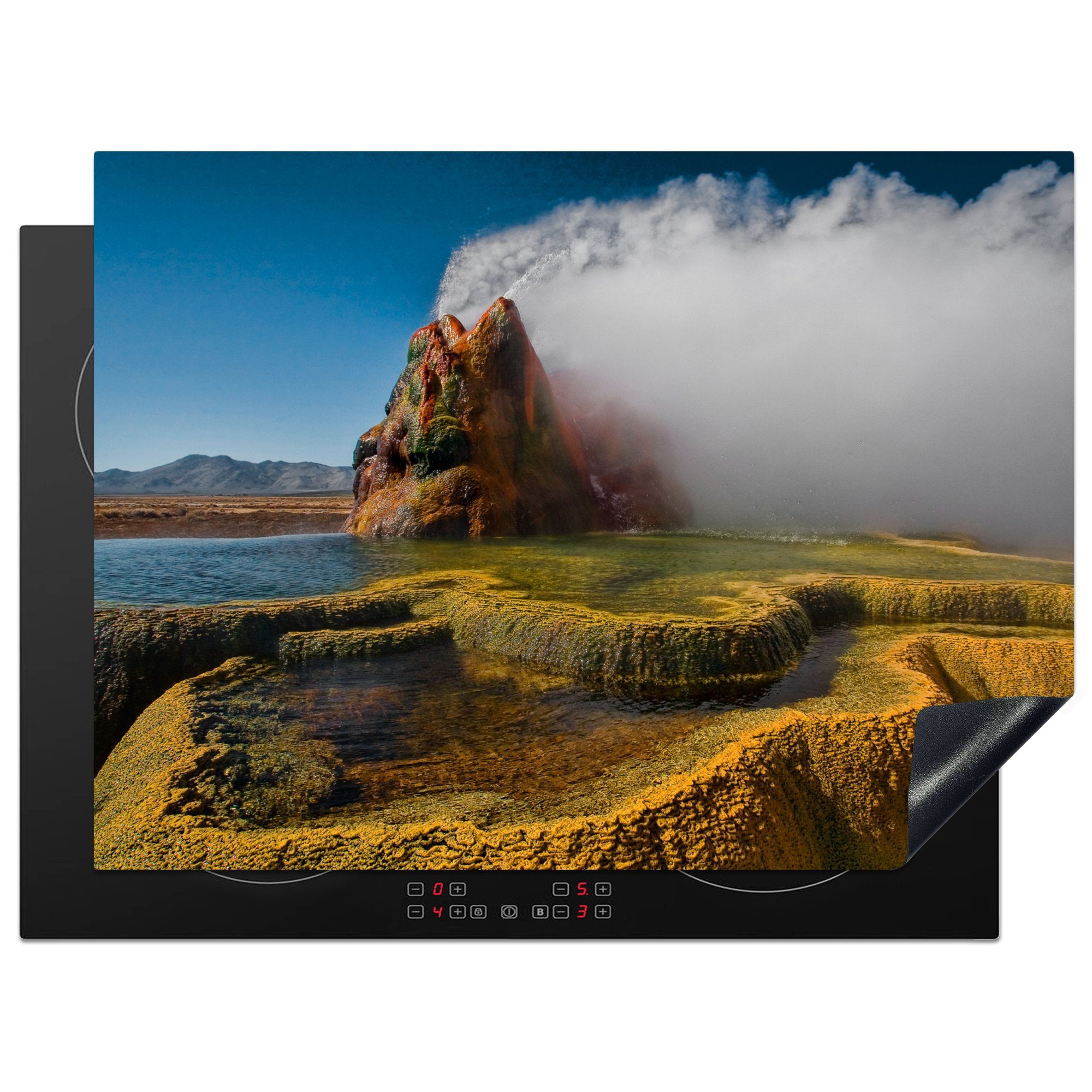 MuchoWow Herdblende-/Abdeckplatte Fly Geyser spuckt Dampf in die Luft, Vinyl, (1 tlg), 70x52 cm, Mobile Arbeitsfläche nutzbar, Ceranfeldabdeckung