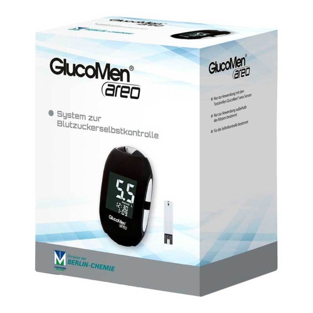 GlucoMen Blutzuckermessgerät areo Blutzucker mmol/l oder mg/dl, Spar-Set, Diabetestherapie Überwachung, Temperaturkompensation, Autocodierung, 700 Speicherplätze, Beleuchtetes Display, große Ziffern