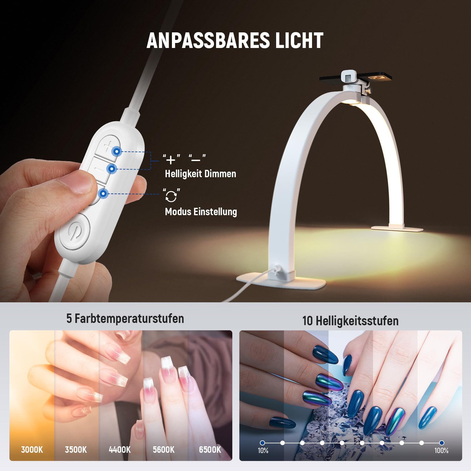 Neewer LED Schreibtischlampe HM02-D 29" Halbmond Nagellampe für Tisch, 36W, Klappbare, LED fest integriert, 3000K bis 6500K, 1 x Linker Sockel, 1 x Rechter Sock – Bild 5 von 5