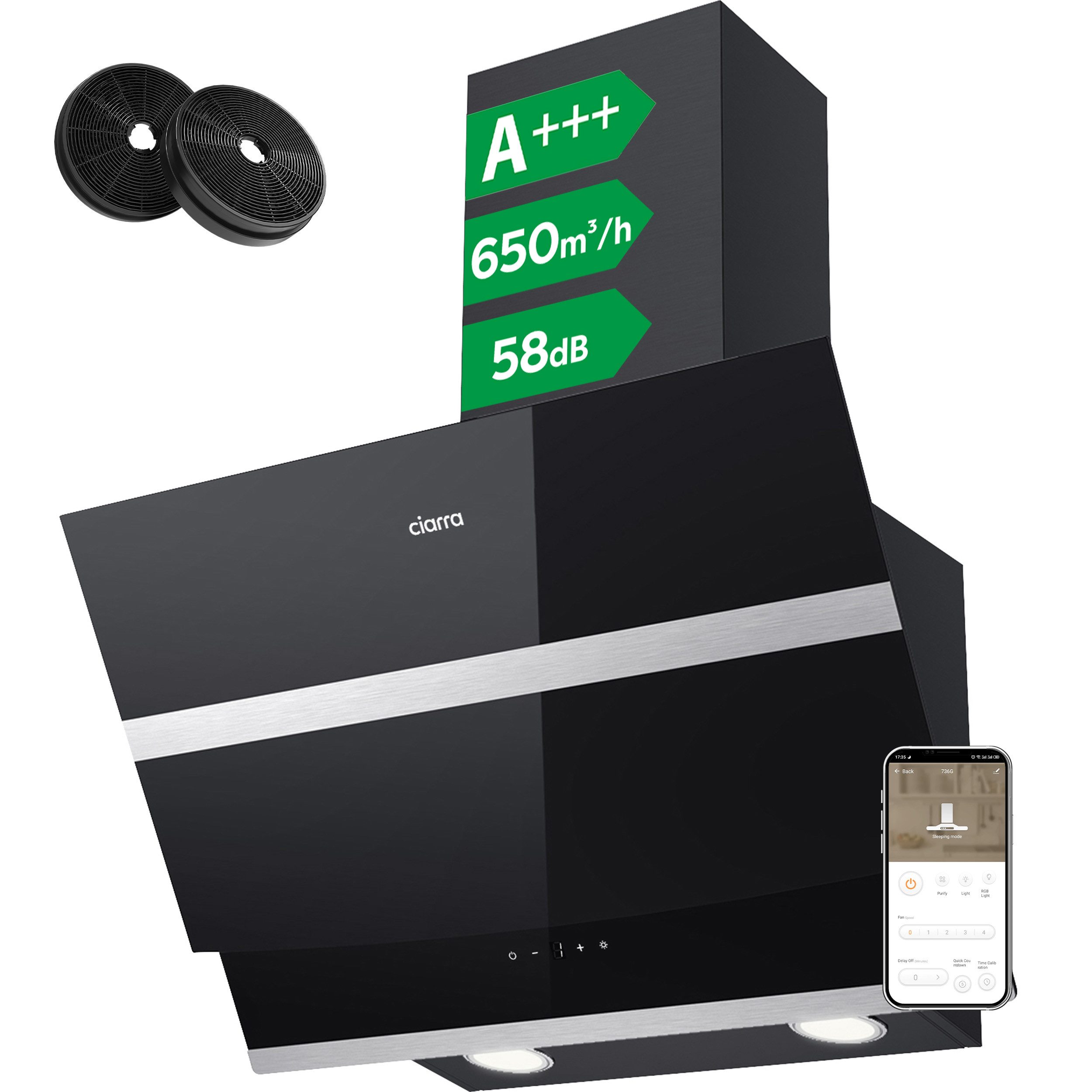 CIARRA Kopffreihaube 60 cm A+++ 650 m³/h Schräghaube leise Umluft & Abluft LED CBCB6736N 60 cm A+++ 650 m³/h Schräghaube leise Umluft & Abluft LED CBCB6736N, Kopffrei Dunstabzugshaube WIFI-APP Touch Control Inkl. BOOST 4 Stufen