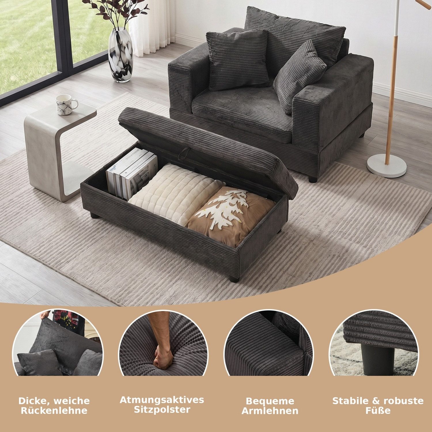 ANYSUN XXL-Sessel Loveseat mit Stauraumhocker, breiter Sitzfläche & 3 Rückenkissen (2-St), Cordsessel mit gepolsterten Armlehnen für Wohnzimmer & Leseecke,Grau – Bild 2 von 5