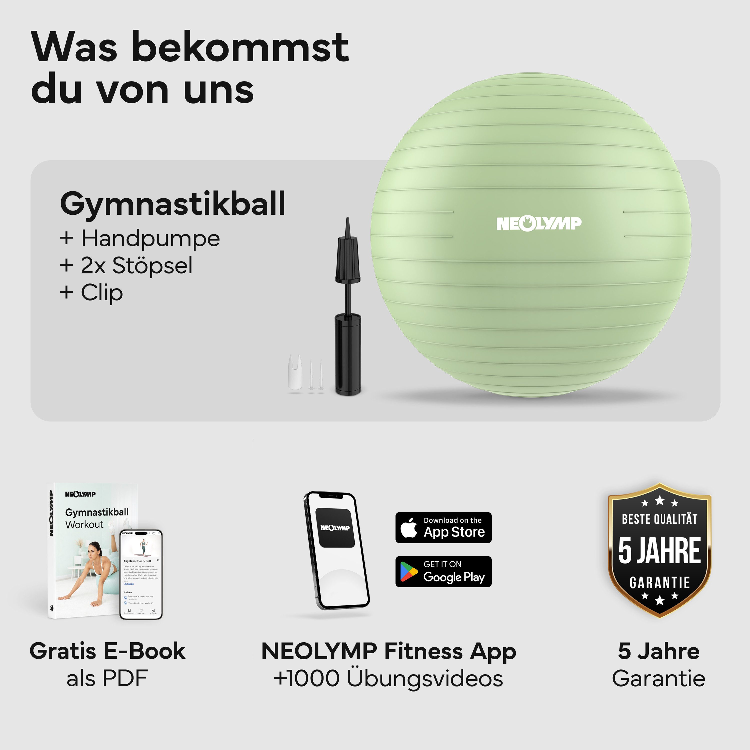 NEOLYMP Gymnastikball Sitzball Büro ergonomisch in 3 Größen S/M/L - bis 300 kg belastbar (Yoga Ball für Homeoffice, Core Training & Balance), Pilates Ball rutschfest & anti burst - Pezziball, Schwangerschaftsball