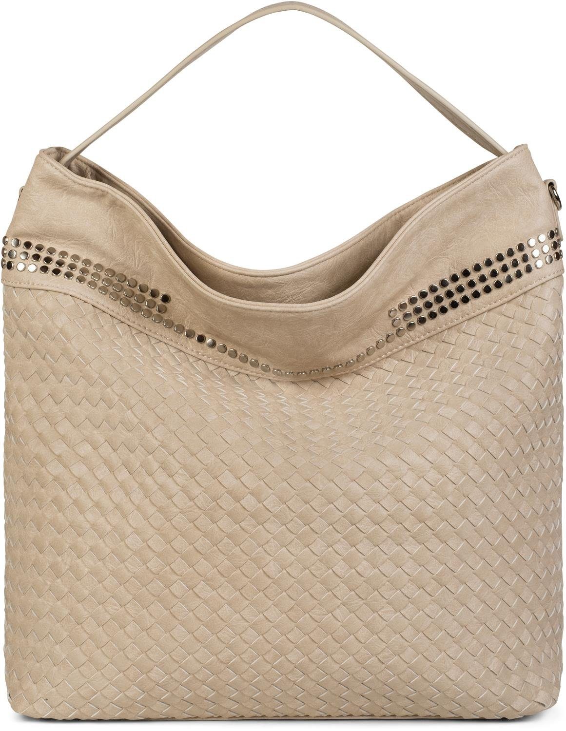 styleBREAKER Hobo (1-tlg), Hobo Bag in Flechtoptik mit Nieten Creme-Beige