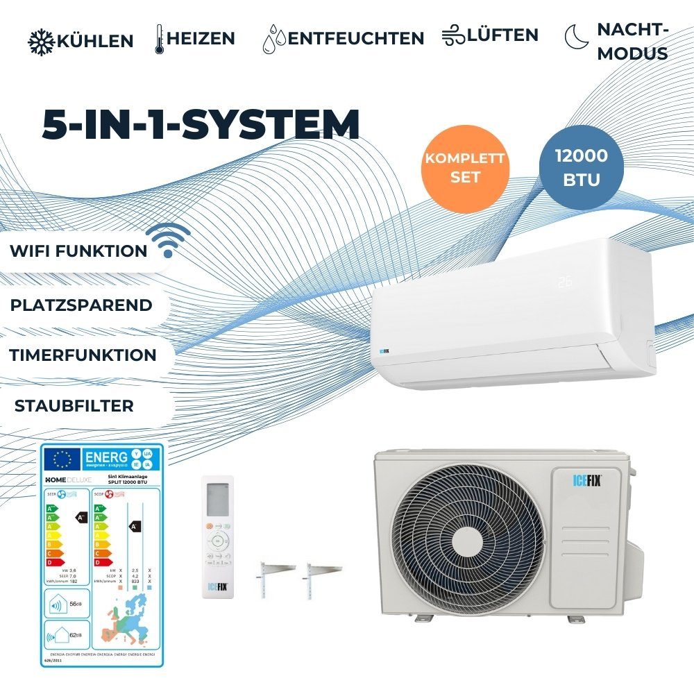 HOME DELUXE 4-in-1-Klimagerät Klimaanlage SPLIT 12000, Kühlen, Heizen,  Entfeuchtung & ventilieren,WiFi & App