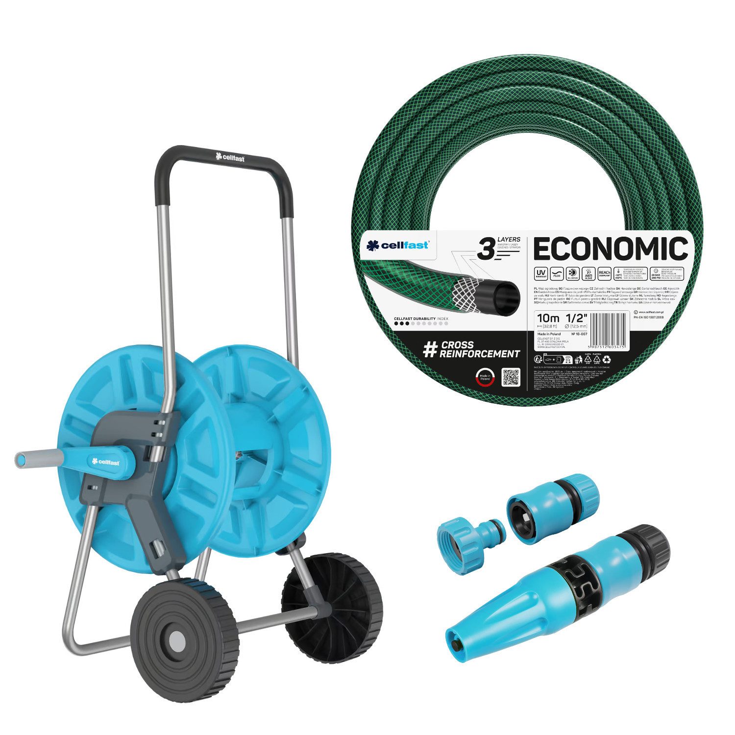 Cellfast Schlauchwagen Aluplus 1/2", Economic Gartenschlauch 10 m, Cellfast Basic Sprühkopf, Anti Algae, Flexi, ReaCh Compliant, UV Resistant