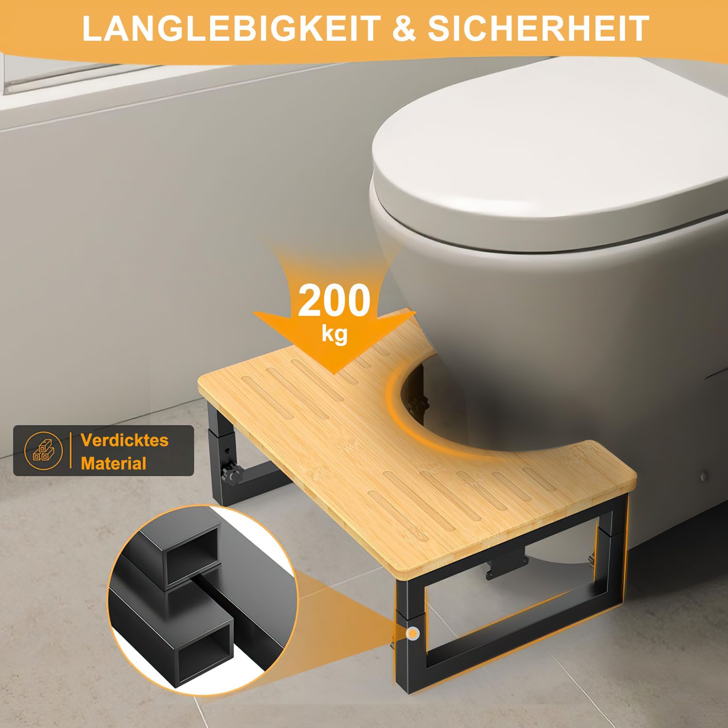HEYHIPPO Tritthocker Klappbarer Toilettenhocker Höhenverstellbarer Fußhocker Holzfarbe (Stabiler und tragbarer Toilettentritthocker mit geringem Platzbedarf, Ein Tritthocker), Rutschfester Fußhocker für Erwachsene und Kinder aus Bambus