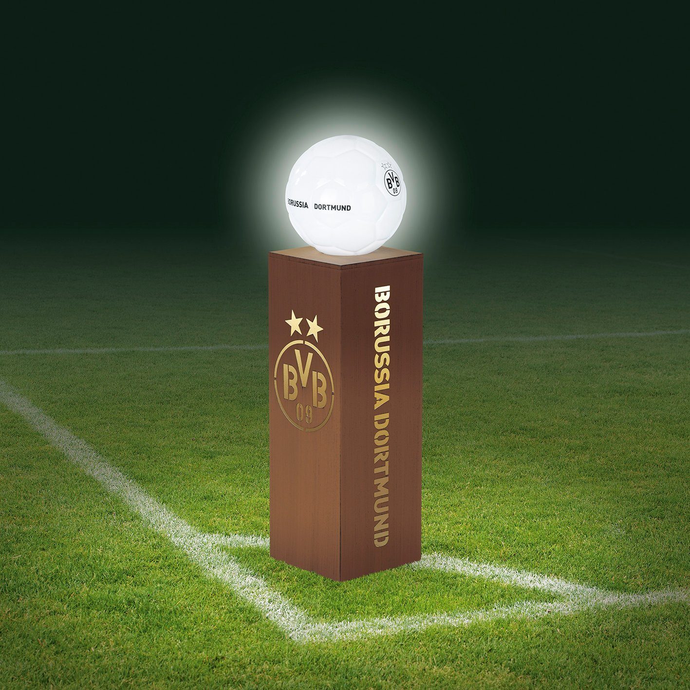 Fußball Rost-Optik LED Deko 84cm BVB Dekosäule Leuchtkugel Gartenleuchte braun, BVB Terrassen Dekoration Garten
