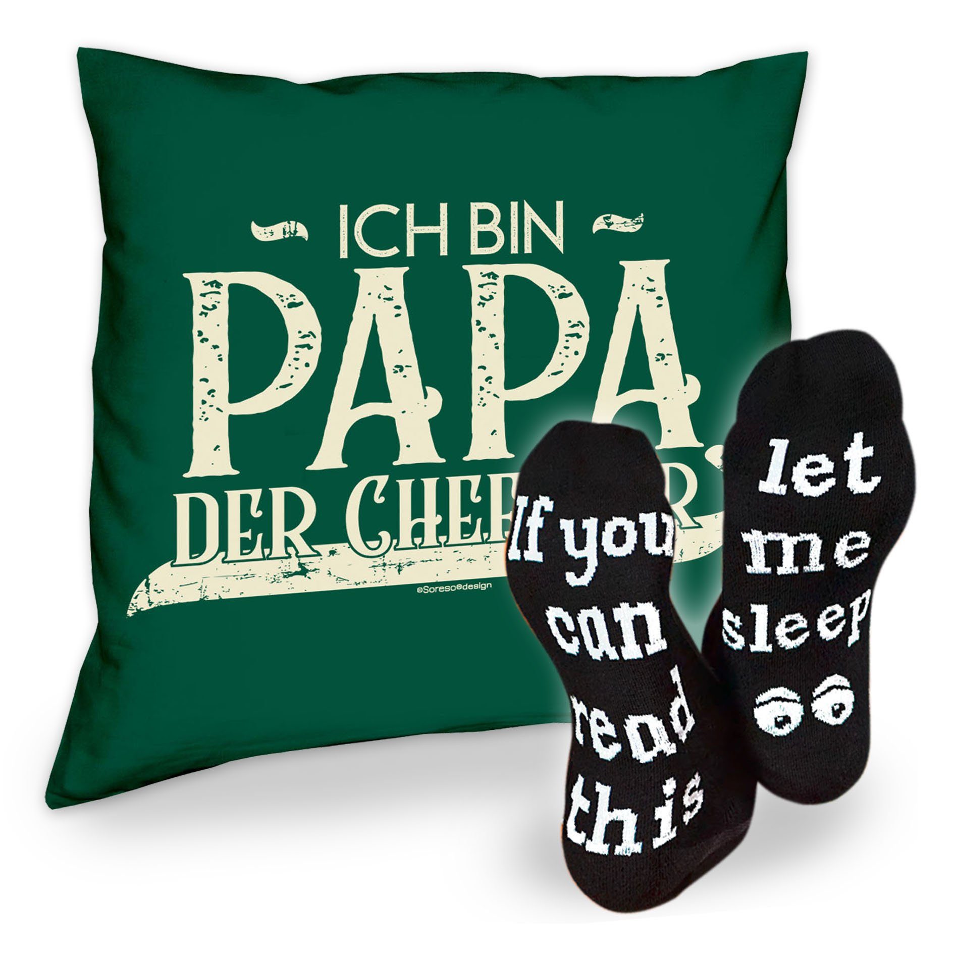 Soreso® Dekokissen Kissen Ich bin Papa der Chef hier & Sprüche Socken Sleep, Geschenk Geburstag Vatertag Weihnachten dunkelgrün