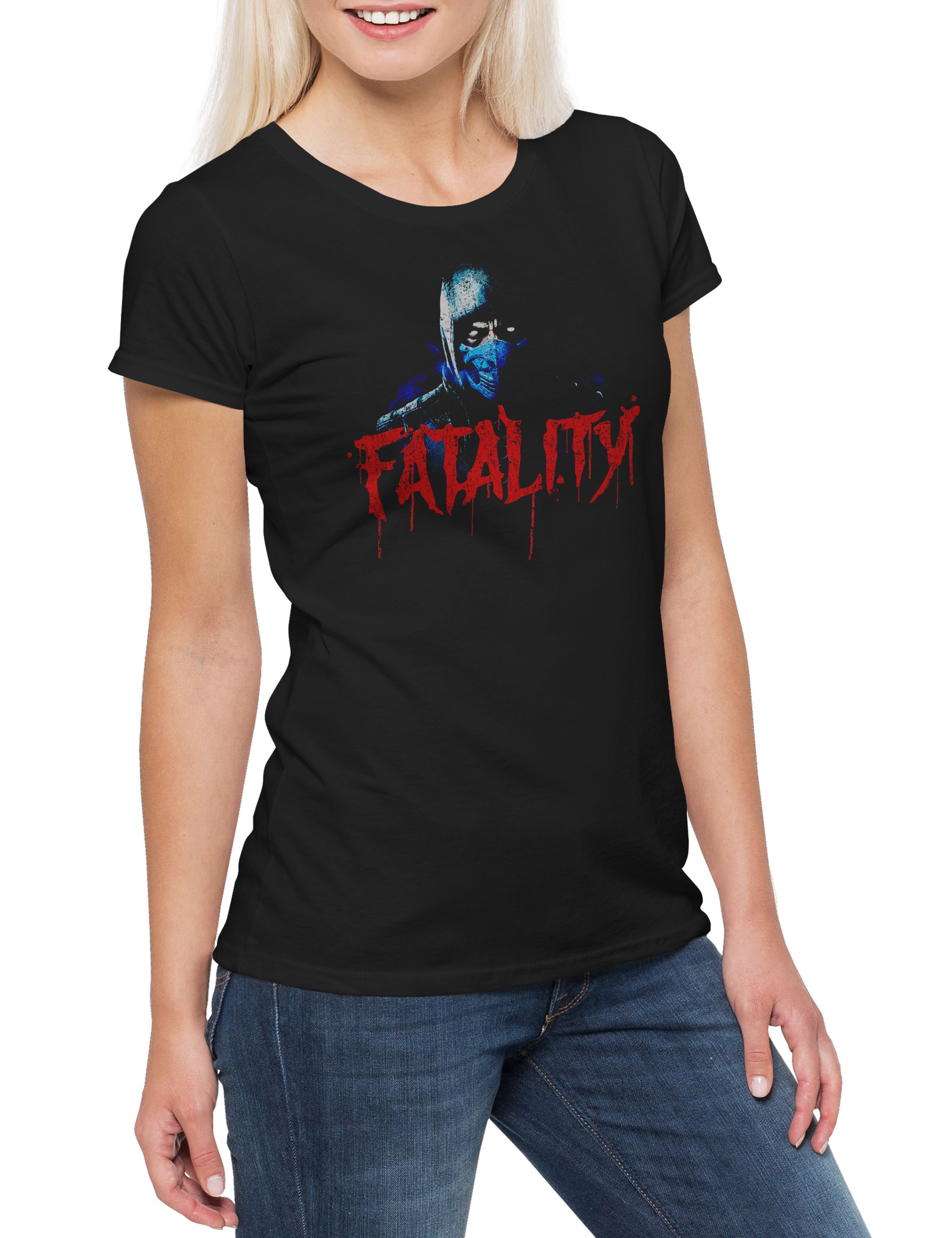 Urban Backwoods Print-Shirt Vintage Sub-Zero Fatality Damen T-Shirt Mortal Scorpion Raiden Kombat (1-tlg) Gamer Beat Em Up