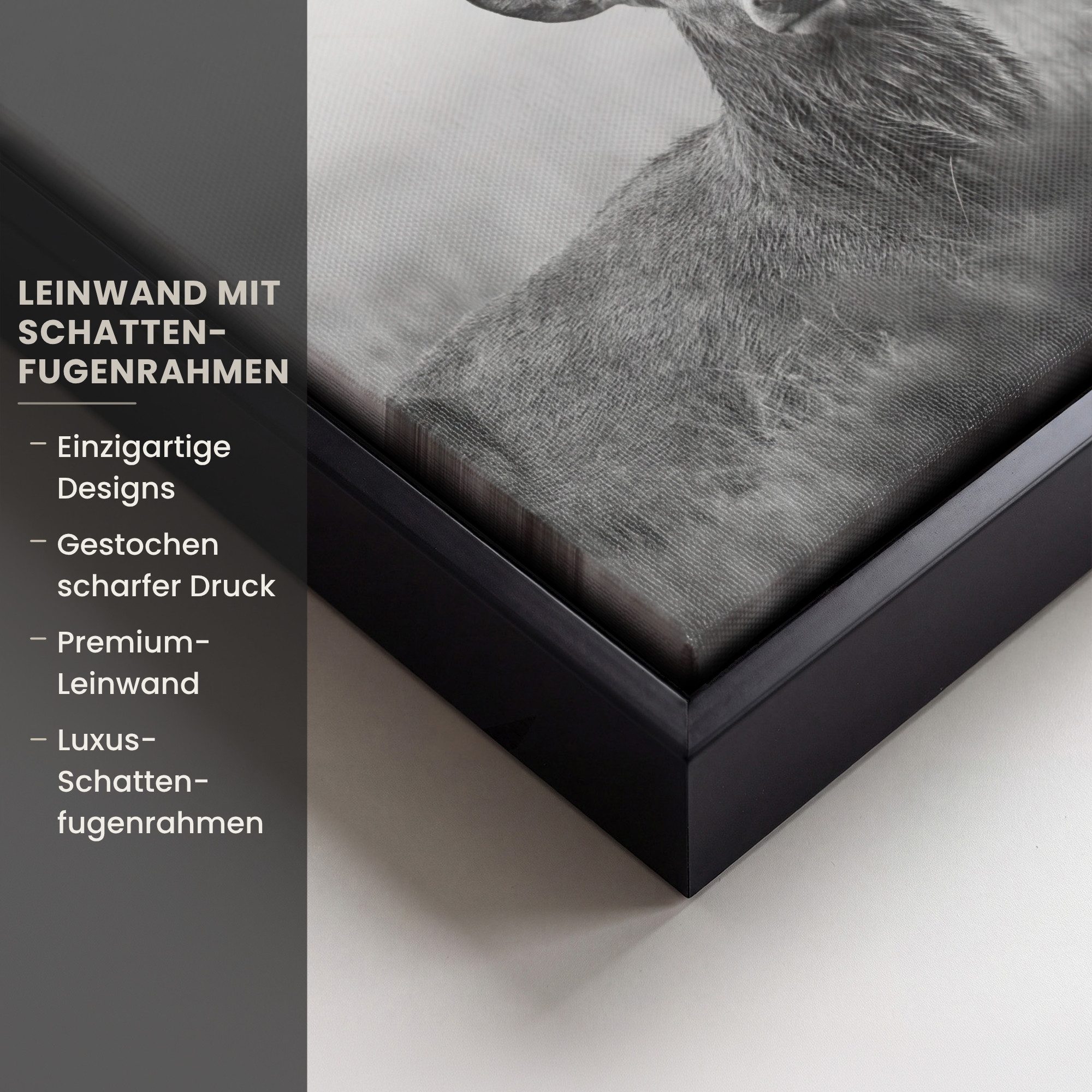 OneMillionCanvasses® Leinwandbild mit Rahmen - Hirsch - Neblig - Schwarz - Weiß, Fotodruck (1 St), Leinwand Bilder Klein, Wand Dekoration Aesthetic 20x20cm – Bild 3 von 5