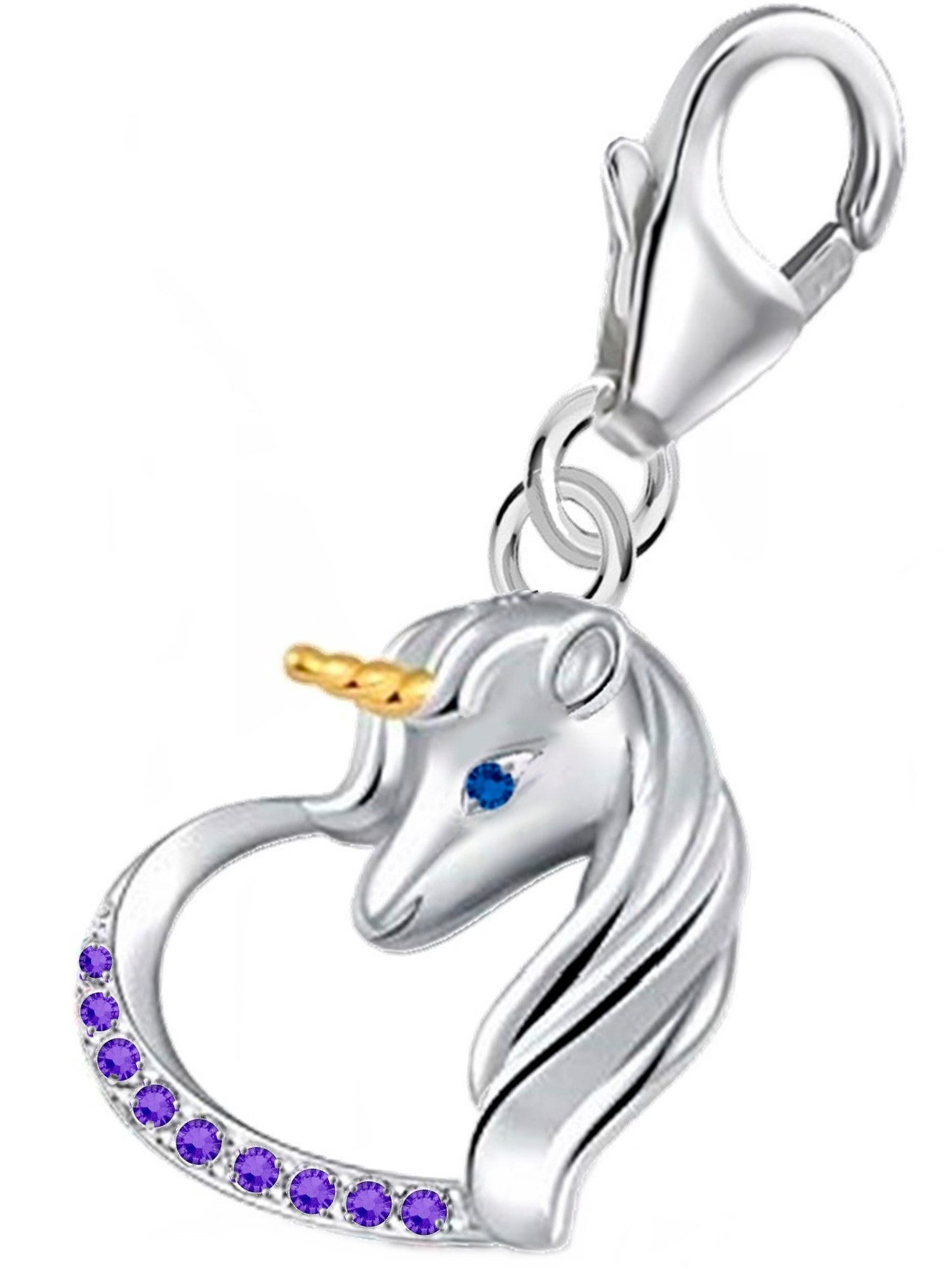 Goldene Hufeisen Charm Kristall Glanzvoller Einhorn Herzanhänger Echtsilber mit funkelnden Zirkonia, 925 Sterling Silber, hypoallergen
