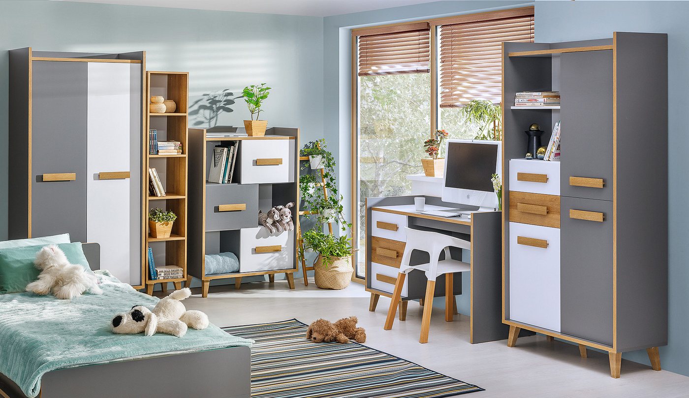 möbel-direkt.de Jugendzimmer-Set Werso in Weiß, Riviera Eiche und Anthrazit, (Komplett Set, 7-tlg., Bett, Schrank, Schreibtisch, Regal, Kommode, Regalschrank), inklusive Lattenrost