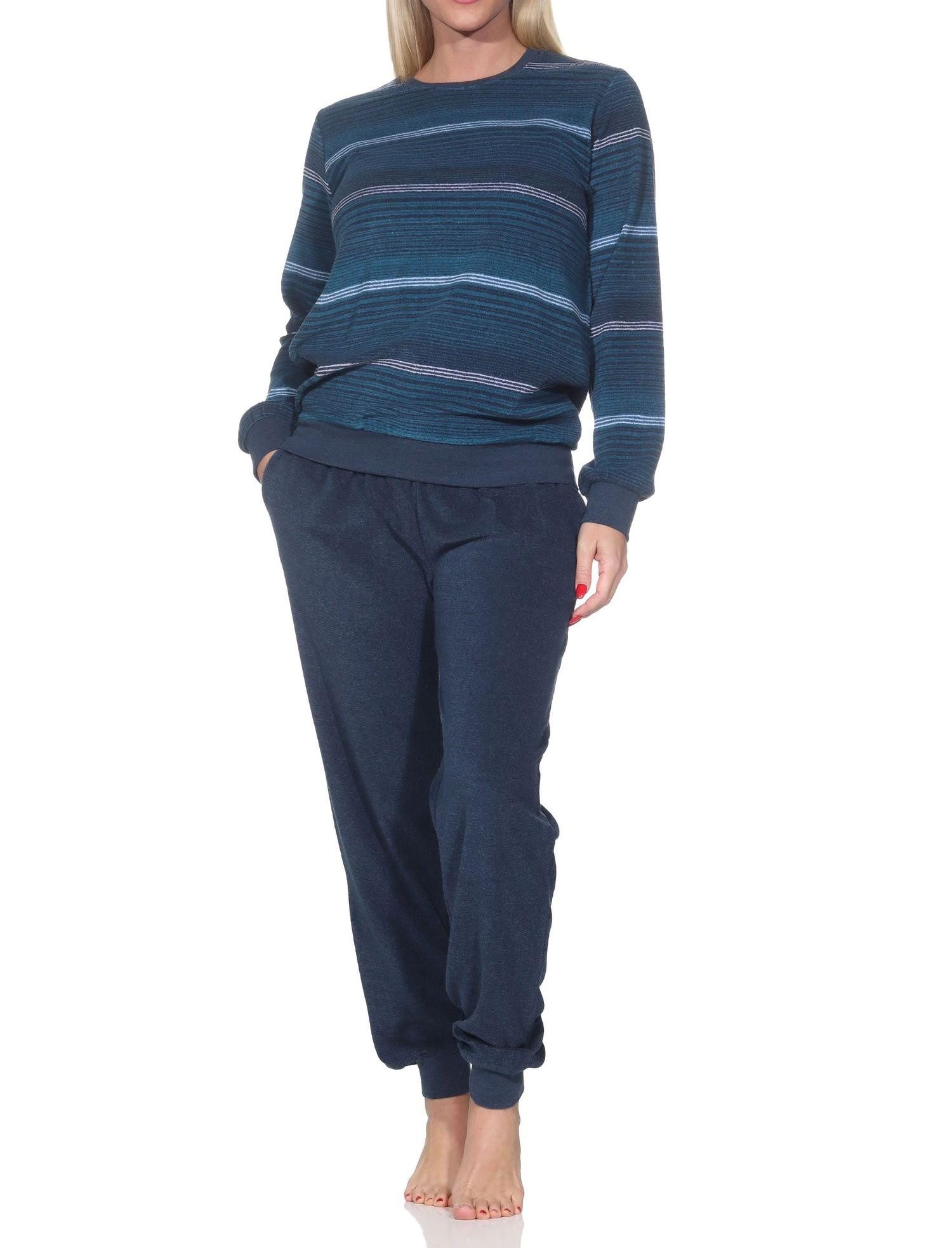 Normann Pyjama Damen Frottee Schlafanzug mit Bündchen in elegantem Streifendesign