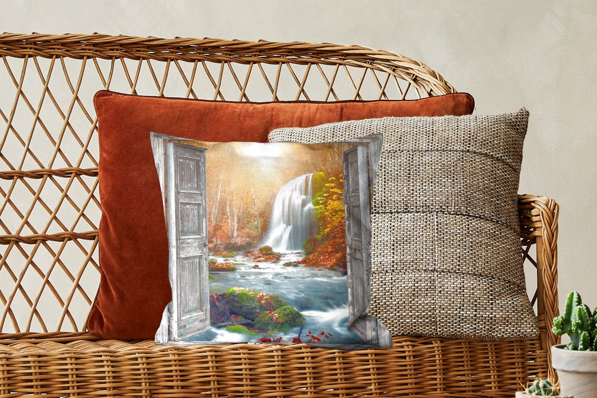 Füllung - Sofakissen Schlafzimmer, Deko, - mit Wohzimmer, MuchoWow für Landschaft, Zierkissen Dekokissen Aussicht Wasserfall
