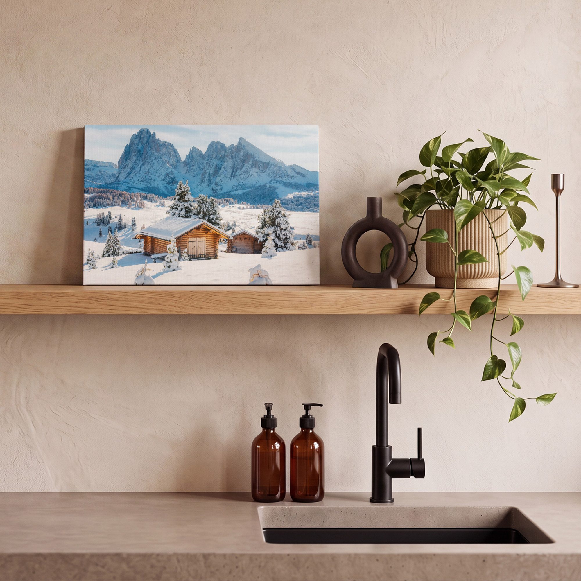 OneMillionCanvasses® Leinwandbild Winter - Hütte - Berge - Aussicht - Schnee, Fotodruck (1 St), Wandbild, Deko Schlafzimmer Wohnzimmer Flur 20x20 cm – Bild 5 von 5