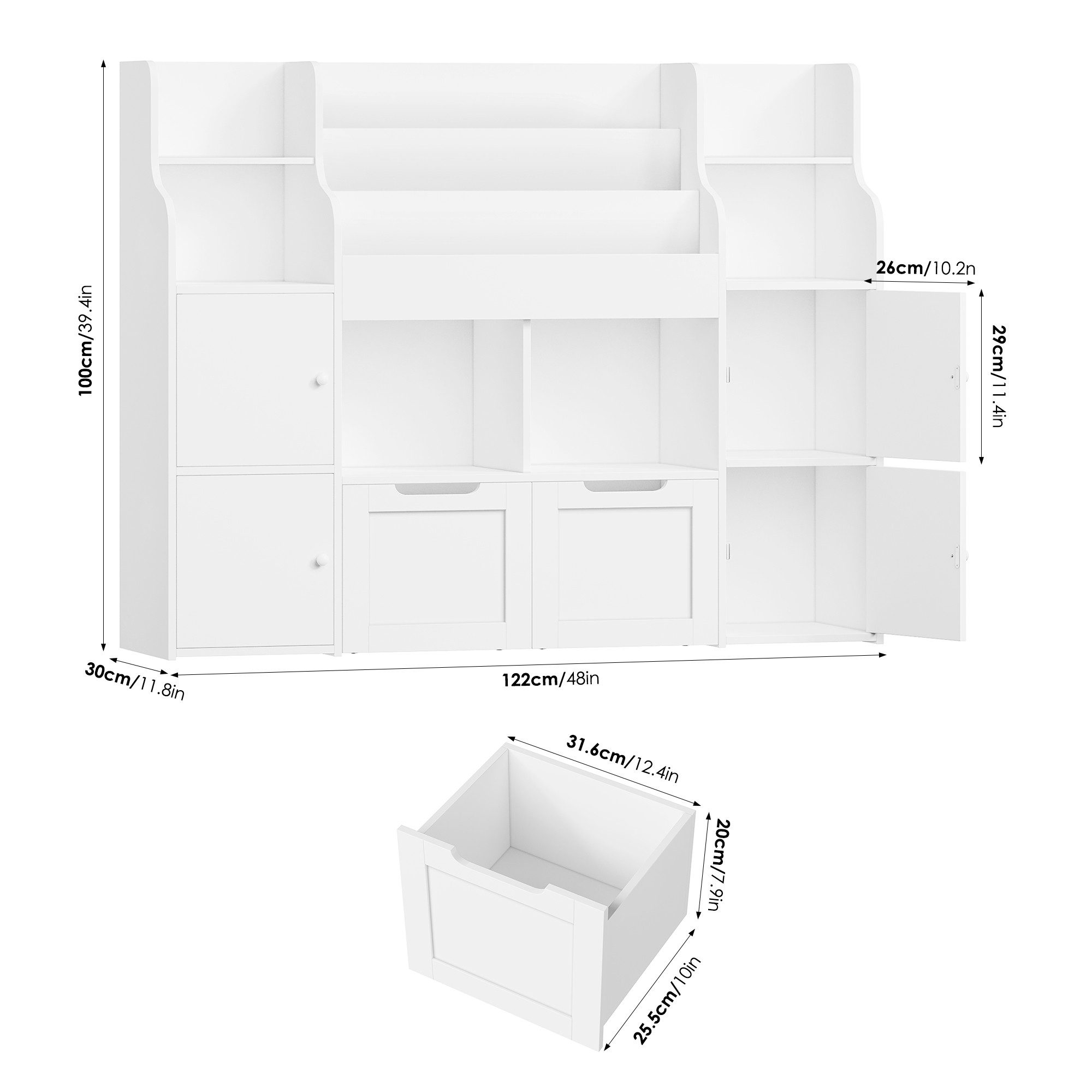 Homfa Kinderregal Spielzeugtruhe mit 2 Schubladen auf Rollen Bücherregal, Kinderbücherregal Spiegelregal mit Tür 126x104x30 cm weiß