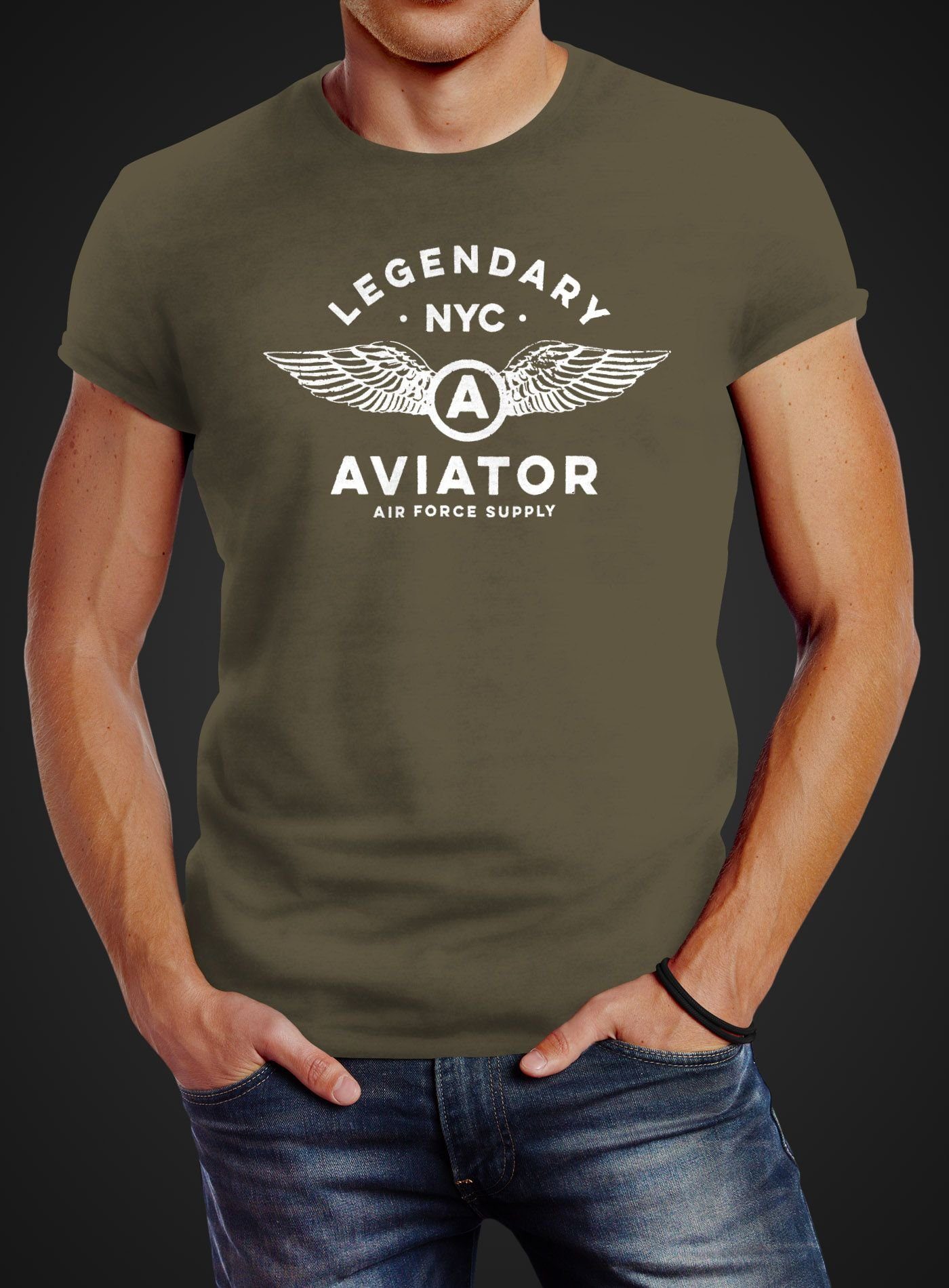 Neverless Print-Shirt Herren NYC Legendary Neverless® Force mit Flügel Aviator Air Streetstyle grün T-Shirt Print Fashion Luftwaffe