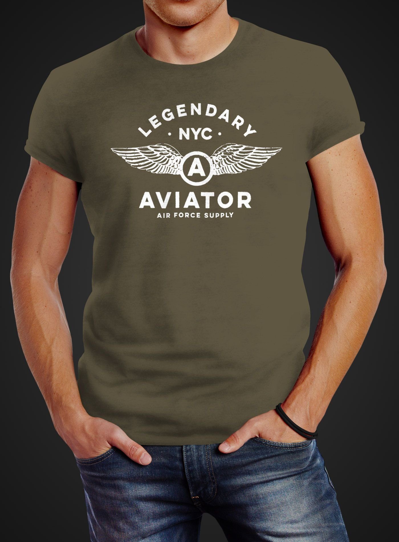 Print NYC Force Flügel Air Legendary grün mit Print-Shirt Neverless Streetstyle Herren Neverless® Luftwaffe T-Shirt Fashion Aviator