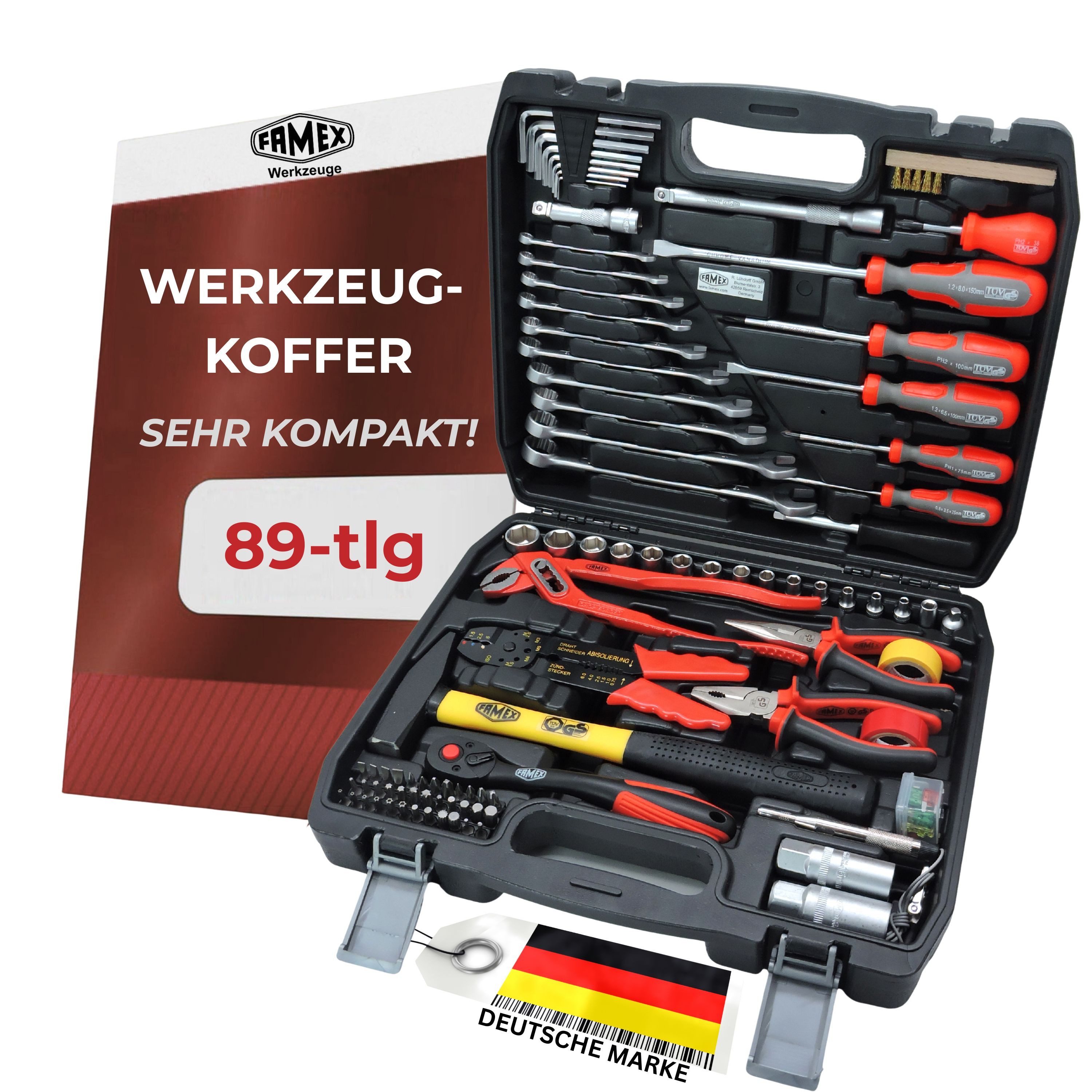 FAMEX Werkzeugset 144-50 Werkzeugkoffer bestückt, (Werkzeugkasten, 89-tlg., Werkzeugkiste), Werkzeug Satz, CV Stahl, Auto