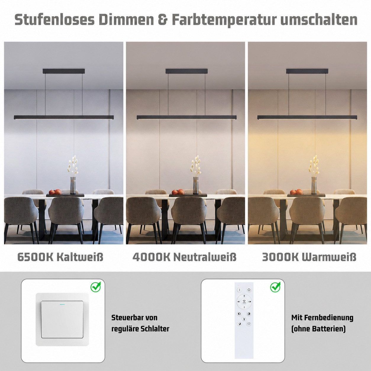 Nettlife LED Pendelleuchte Dimmbar Schwarz Esszimmer Modern 50W 148.5CM Hängelampe, Höhenverstellbar, LED fest integriert, Pendellampe für Küche Bar Wohnzimmer Schlafzimmer