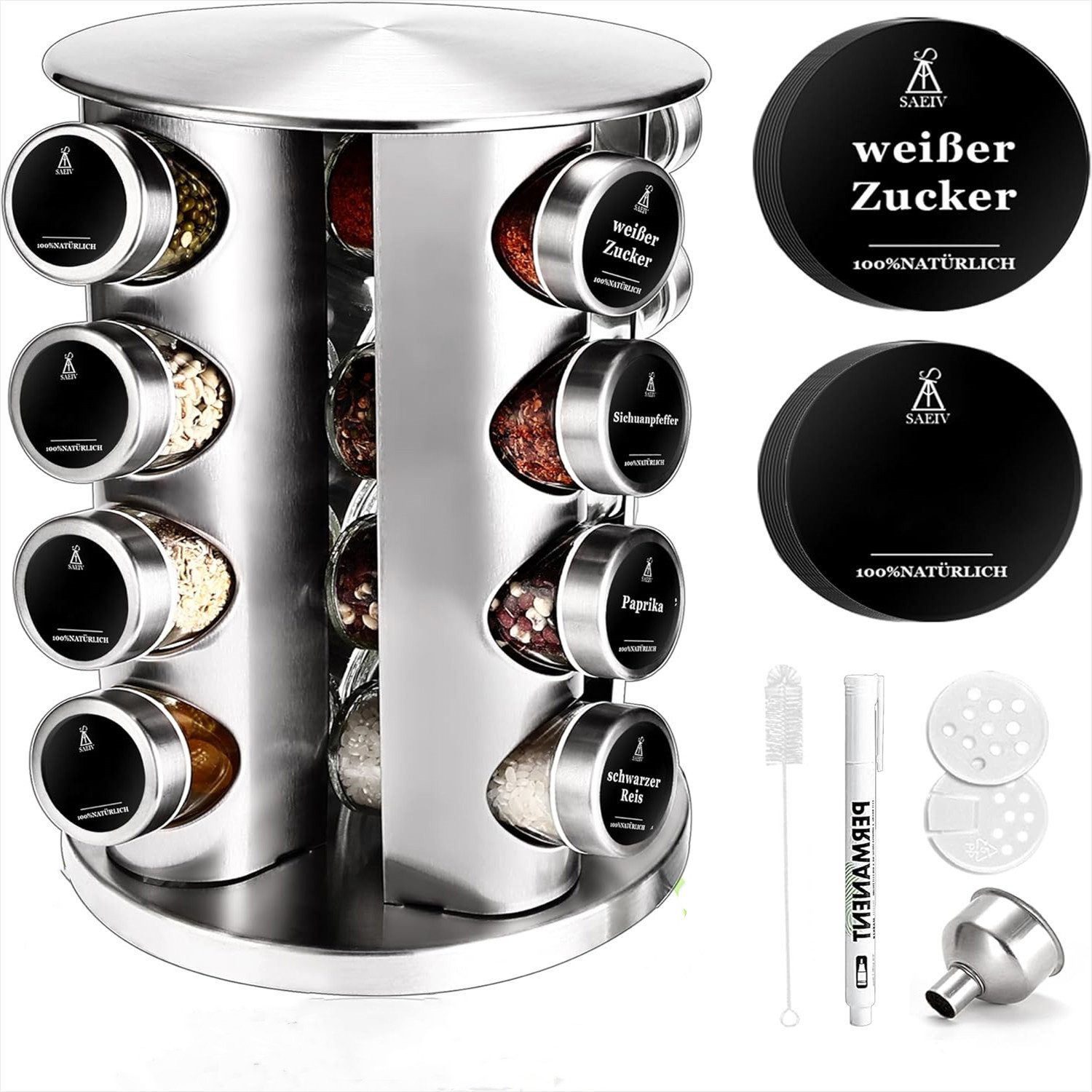 Gewürzregal 360° Rotation Vierstöckige Gewürzregal Stehend mit 100ml Gewürzgläser