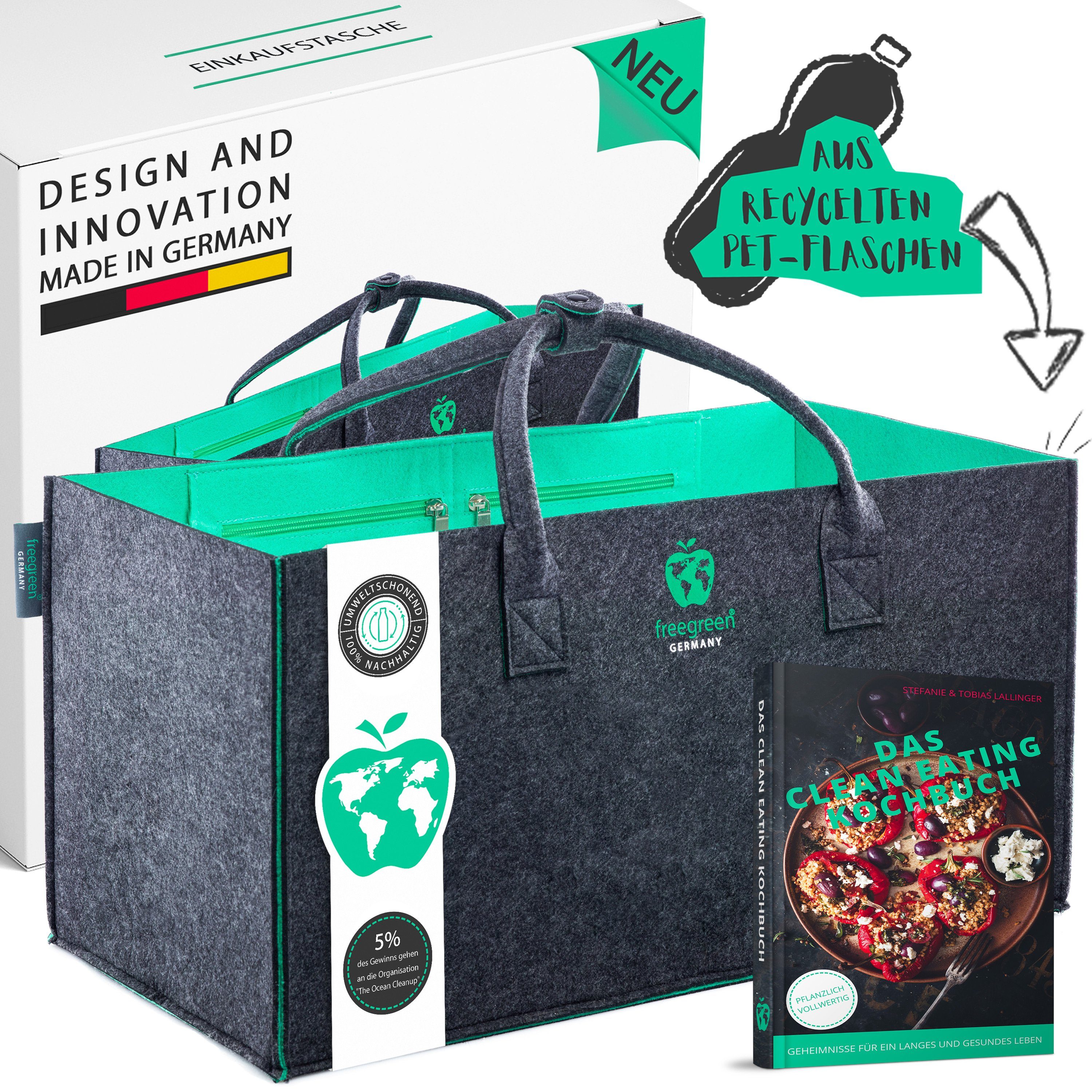 freegreen® Einkaufskorb PREMIUM« Einkaufstasche aus recycelten PET-Flaschen  I 100% nachhaltig, & umweltschonend I Inklusive 'Das Clean Eating Kochbuch'