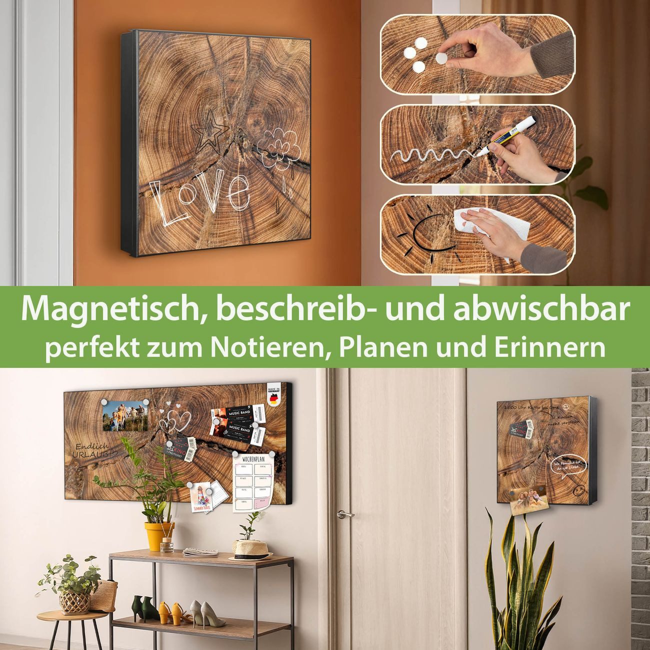 banjado Schlüsselkasten aus Metall mit Motiv Jahresringe (Stahl Gehäuse, mit 32 Haken, beschreibbar & magnetisch), 30 x 30 x 5 cm