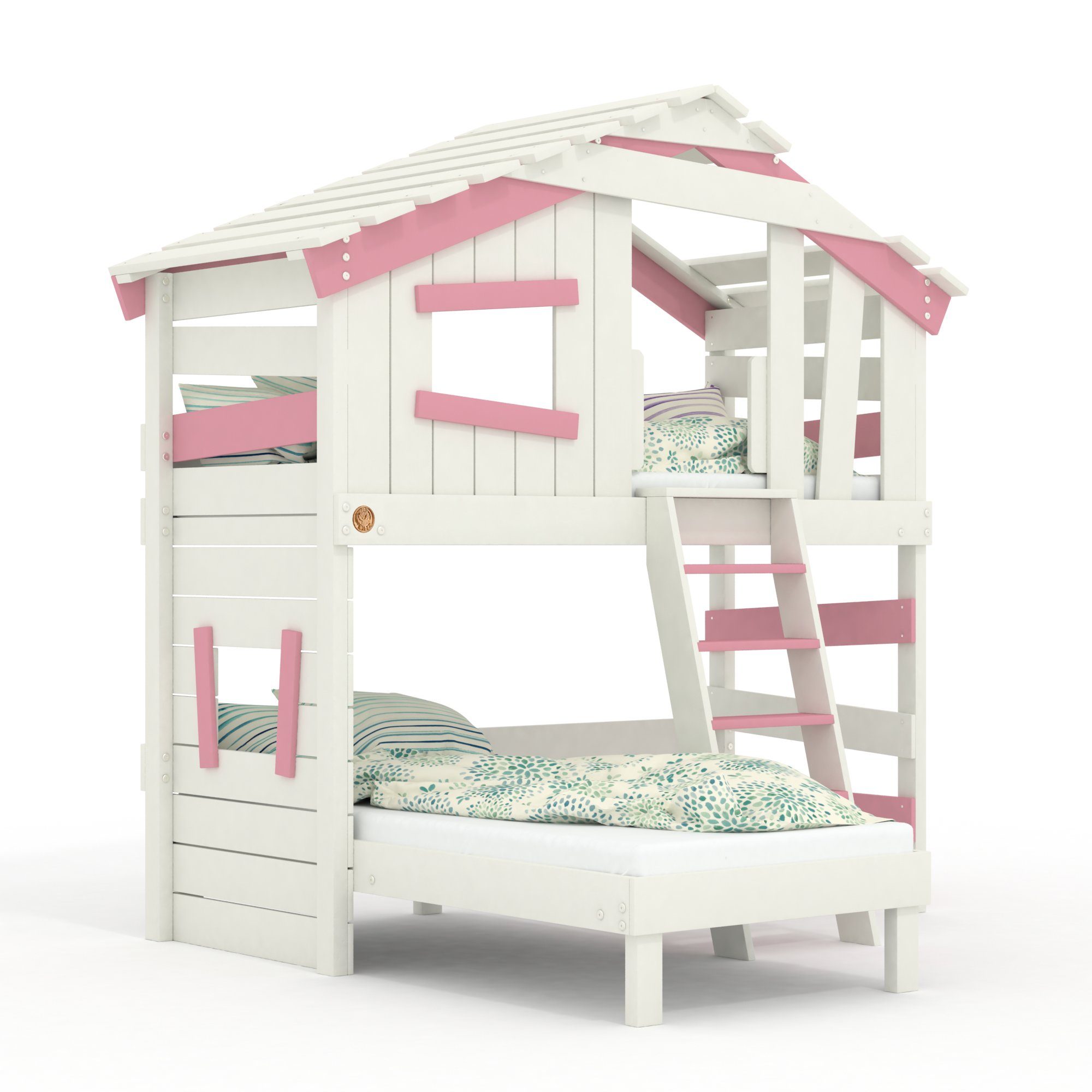 bibex Hochbett ALPIN CHALET Hochbett, Kinderbett, Doppelbett, Etagenbett - Rosa/Weiss