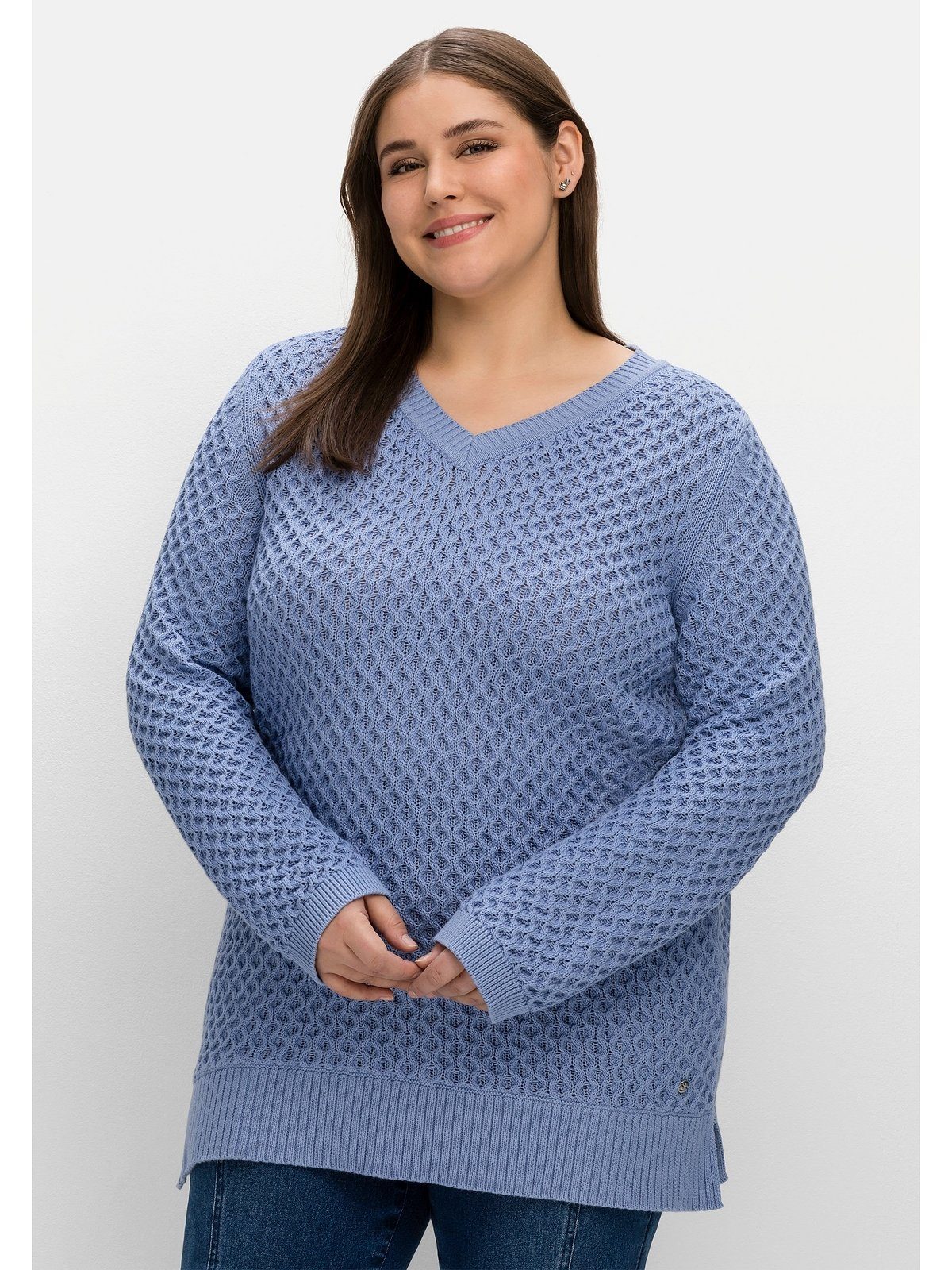 Große reiner aus V-Ausschnitt-Pullover in Wabenstruktur, Größen Baumwolle Sheego