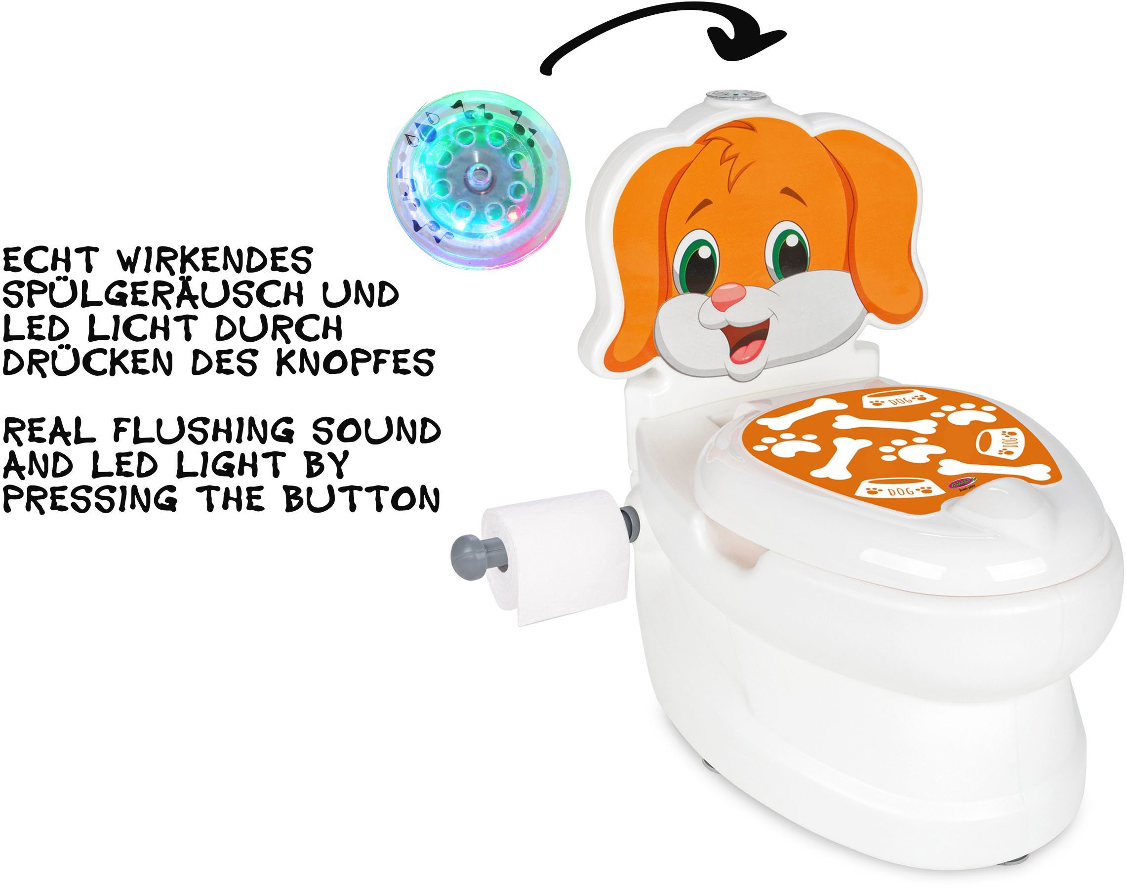 Toilettentrainer Hund, Spülsound Jamara und Toilette, mit Toilettenpapierhalter kleine Meine