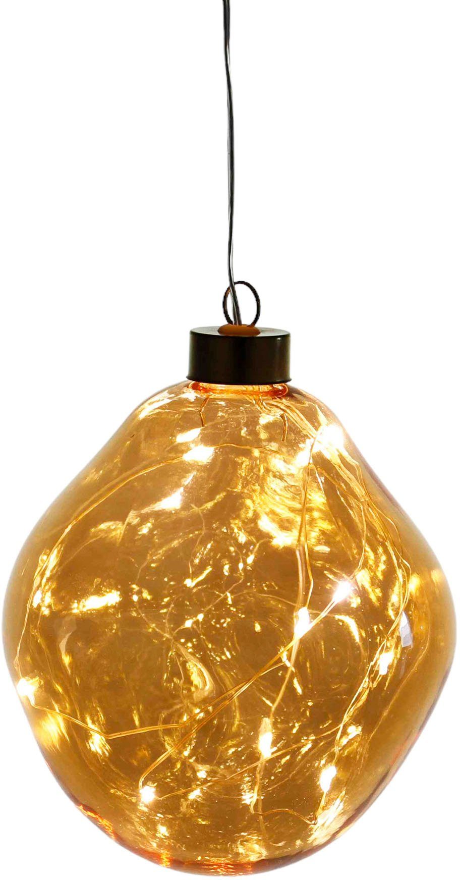 Leonique LED Dekoobjekt Birdelle, Weihnachtsdeko in organischer Form, Christbaumschmuck, Timerfunktion, LED fest integriert, Warmweiß, Ø ca. 12 cm, Christbaumkugeln, organische Kugeln aus Glas amberfarben